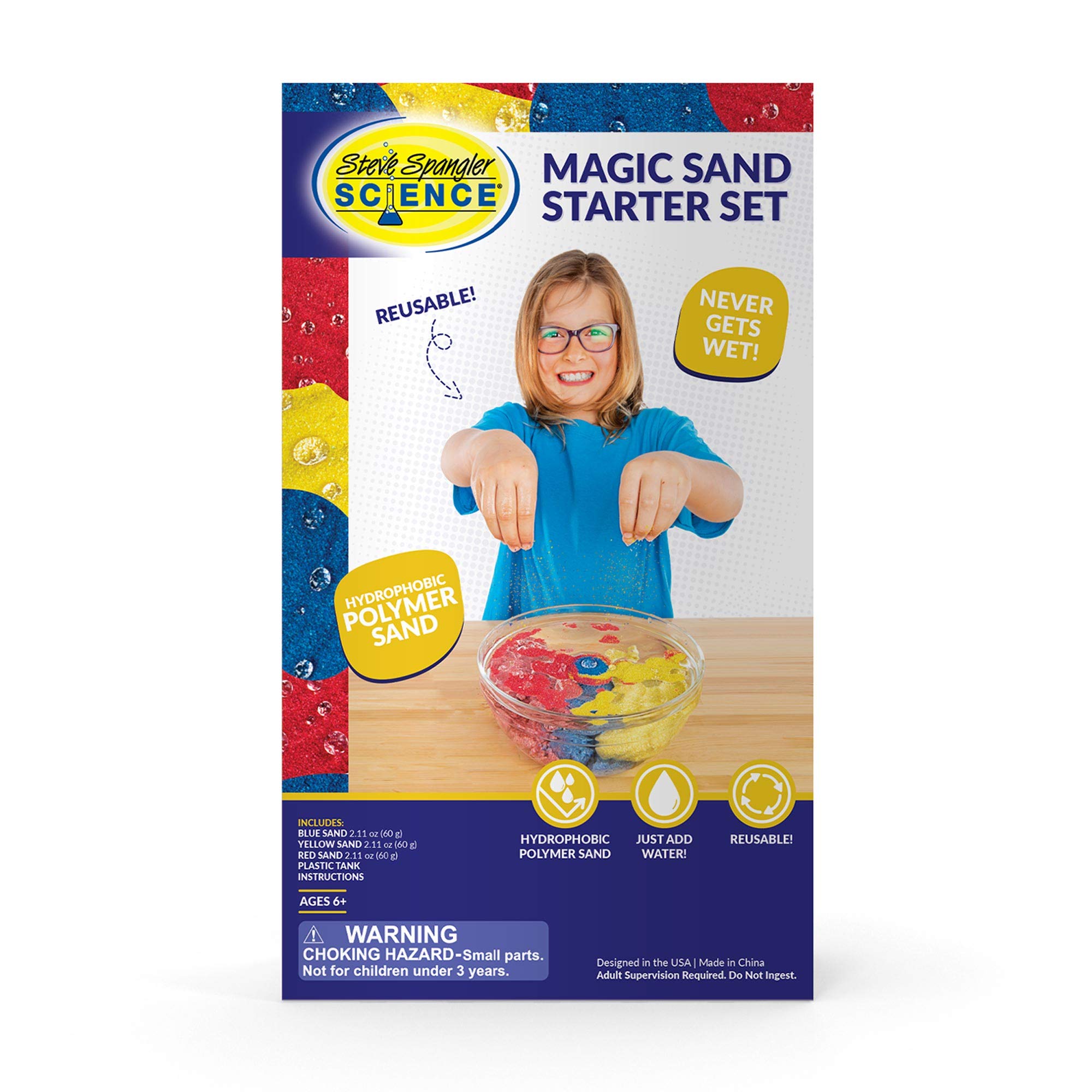Steve Spangler Science Magic Sand Starter Kit – Includes Blue, Red & Yellow Play Sand (2.12 oz. Each) and Plastic Tank – Colored Play Sand That Never Gets Wet, Exciting STEM Activity