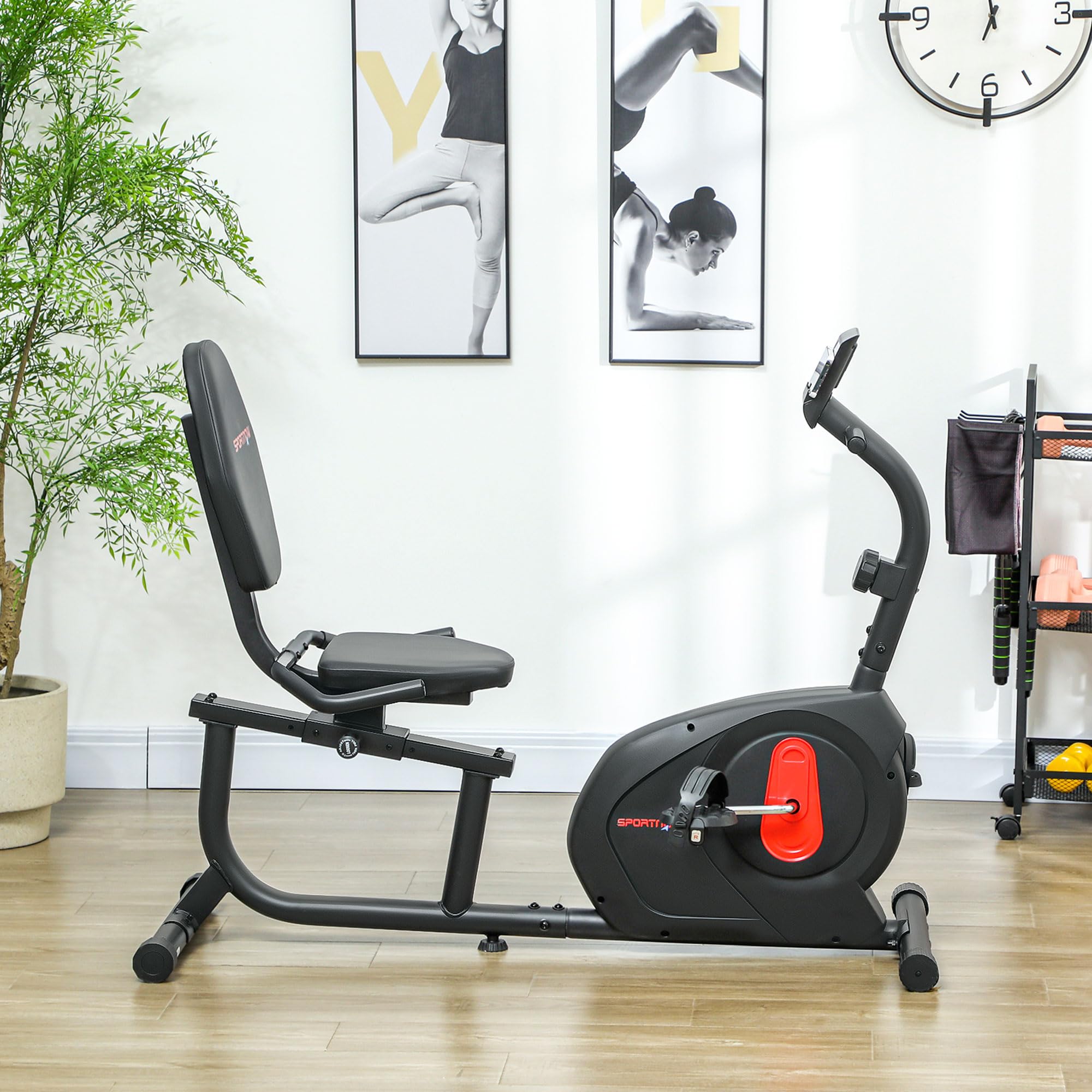 SPORTNOW Bicicleta Estática con Respaldo Reclinada 8 Niveles Resistencia | Volante, Asiento Regulable, Soporte para Teléfono, Pantalla LCD, Ruedas, Ideal para Entrenamientos
