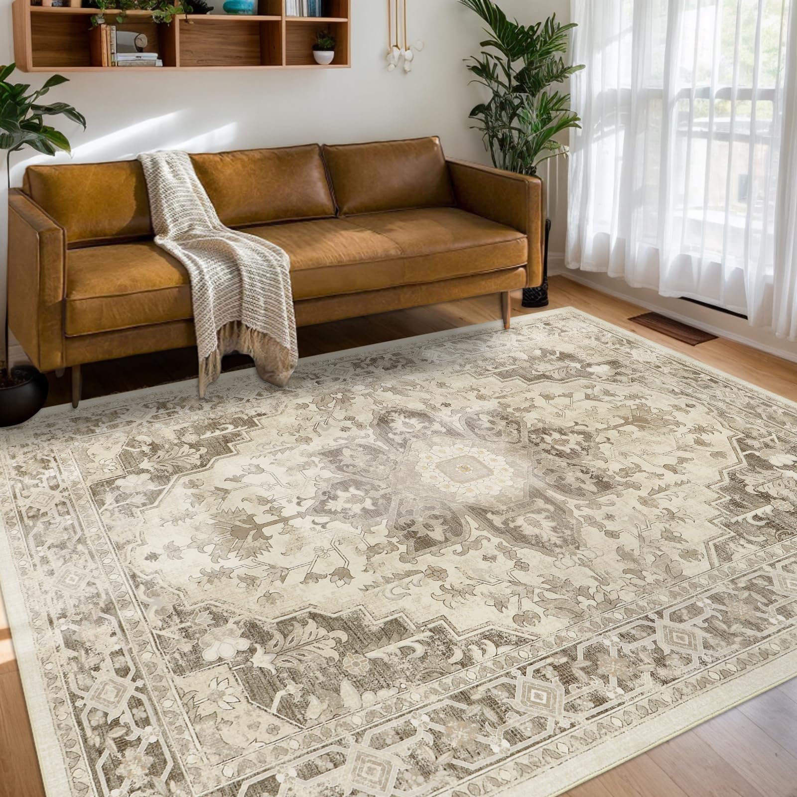 Homcomodar Vintage Teppiche Wohnzimmer Großer Teppich Waschbar Boho Teppiche Weiche Kurzflor Teppich Schlafzimmer für Esszimmer Küche