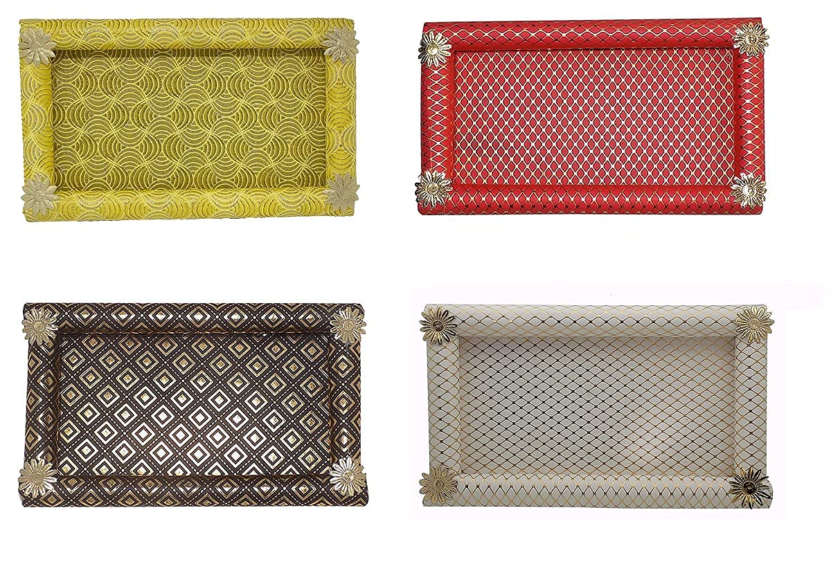 LEYSIN Combo of 4 Pcs Handmade Decorative Trays for Packing Gifts/Sweets/Decorative Tray for Wedding/Home Decorations Items Multicolor Pack of 1