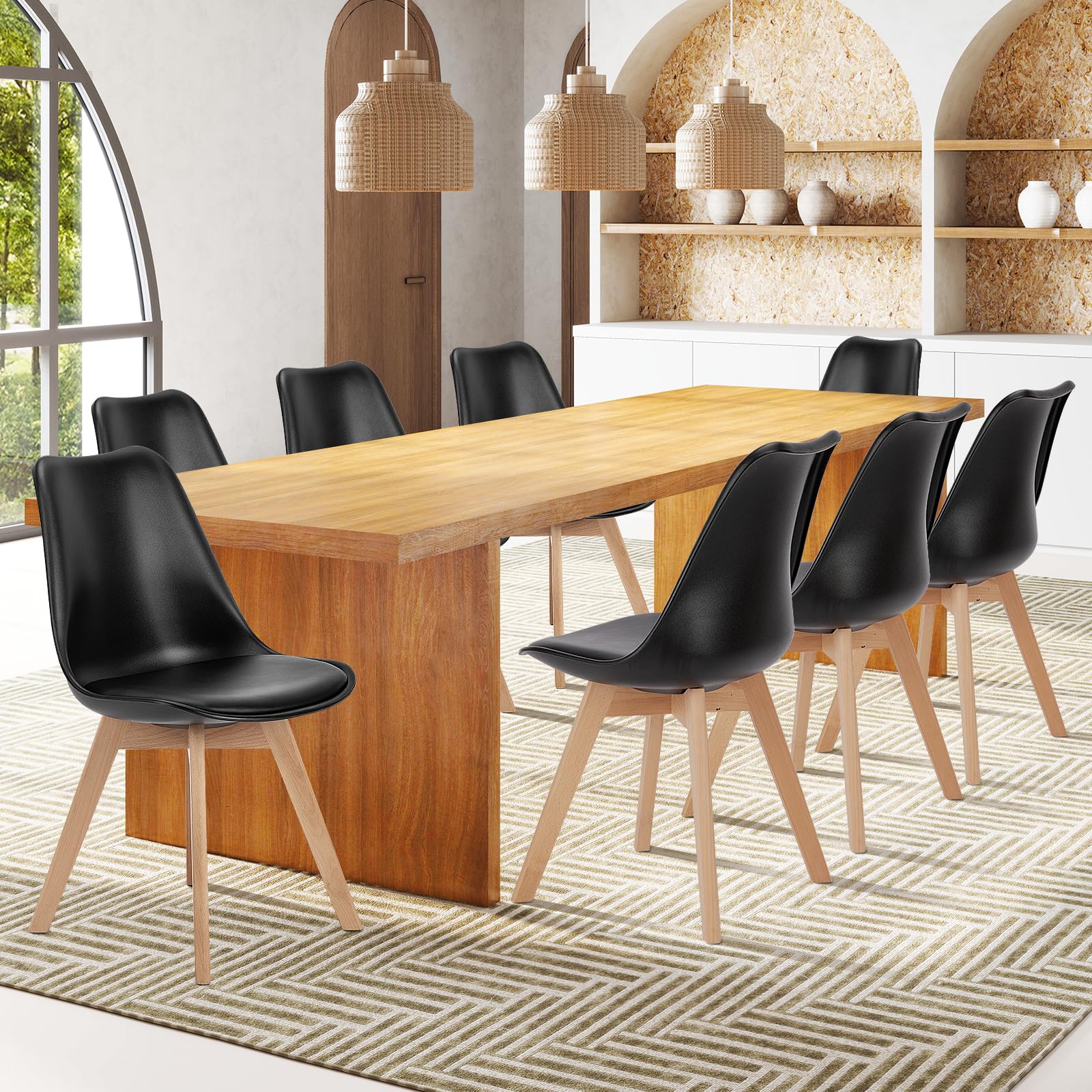 Sweetcrispy Dining Chairs Set of 8, Kitchen Room PU Leather Mid Century Modern Chairs, Upholstered Dining Desk Chairs with Wood Legs for Home Kitchen, Black