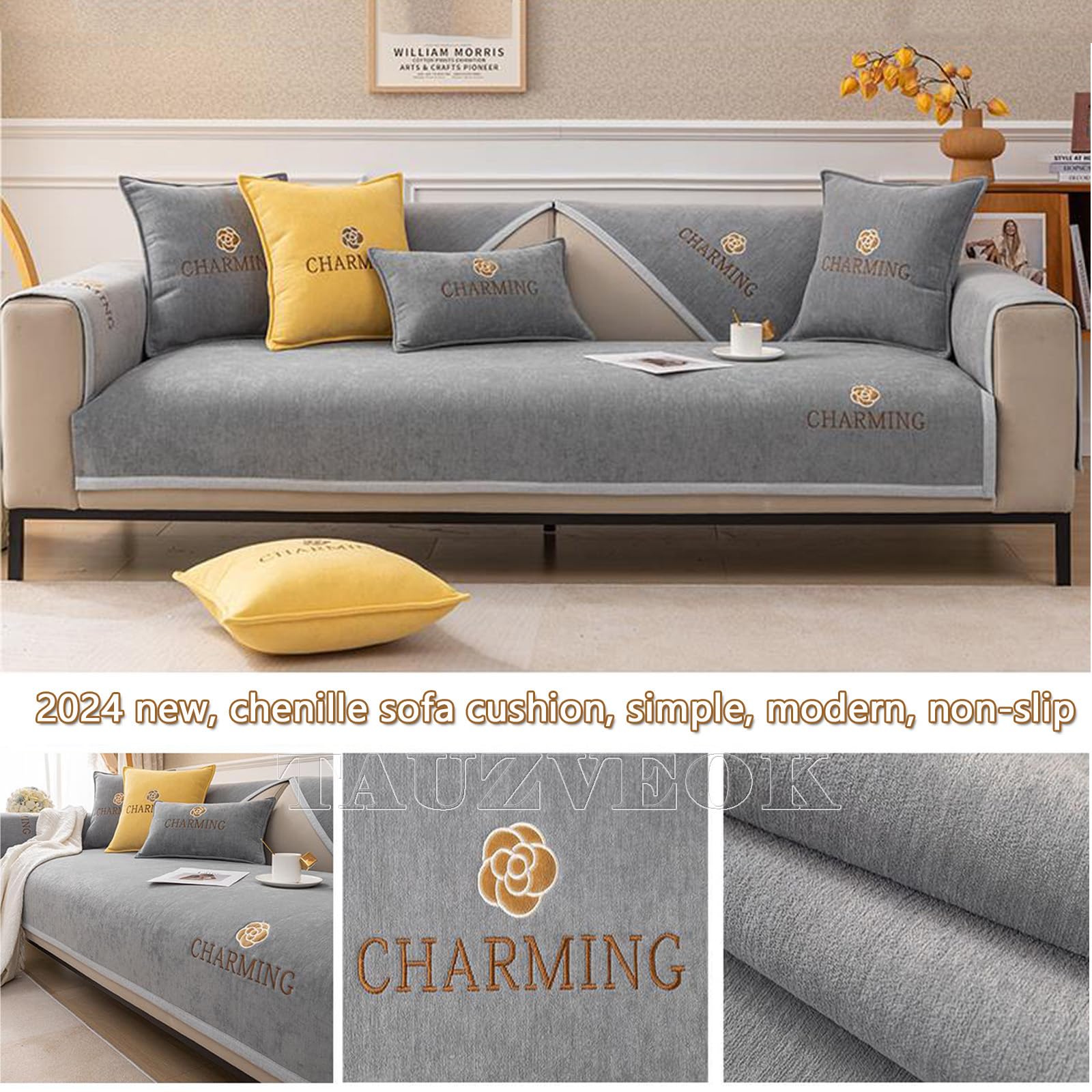 AOPPLSOT Sofa Cover Chenille 3 Seater, Non-Slip Sofa Cover L Shape, Corner Sofa Protector, Sofa Cover 2 Seater, Sofa Cover for Dogs, Couch Cover for Living Room,Grey,110 * 160cm