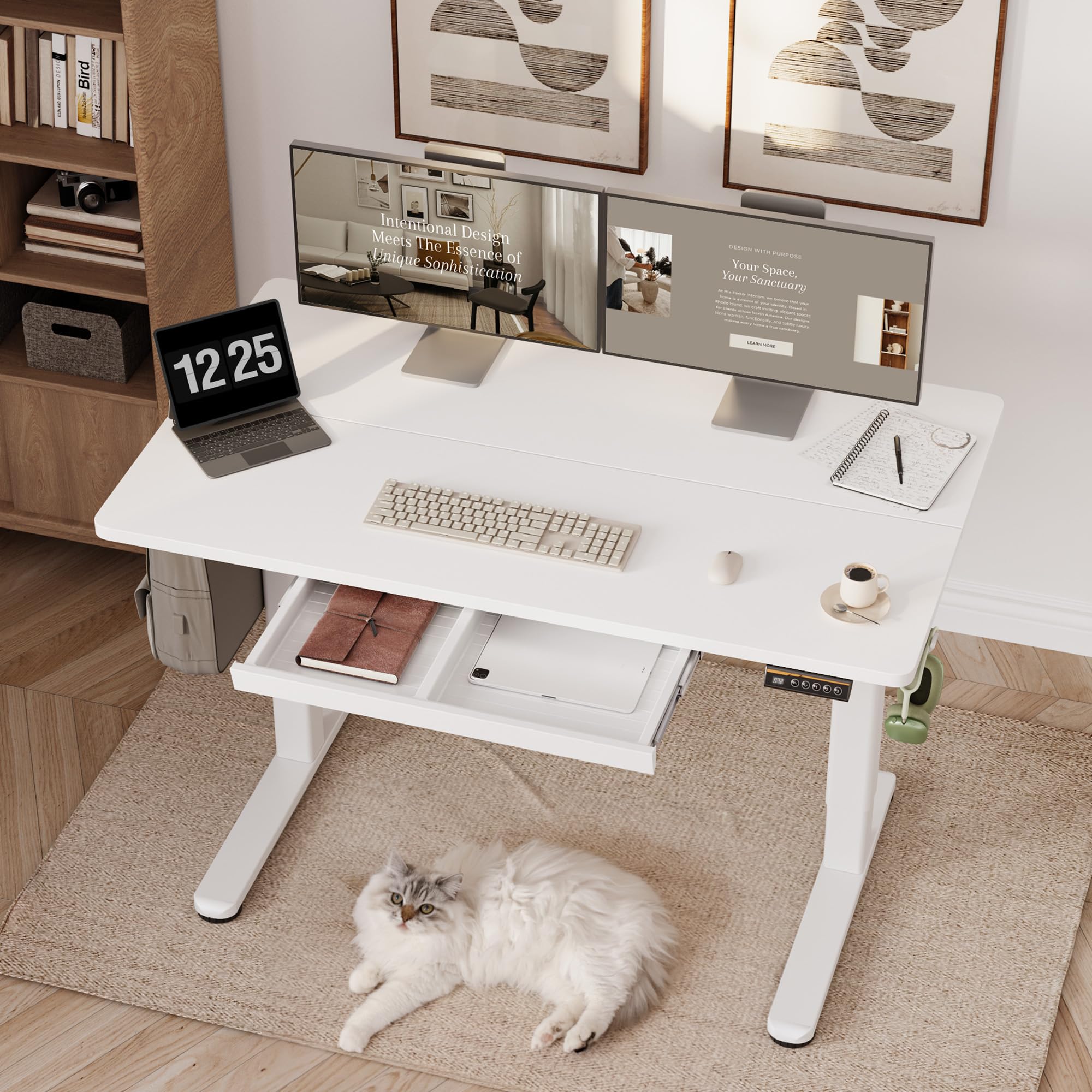 Claiks 120x60cm Escritorio Regulable en Altura con Cajones,80KG Capacidad de Carga Escritorio Elevable con 3 Memorias Inteligentes & 2 Gancho para Auriculares, Blancos