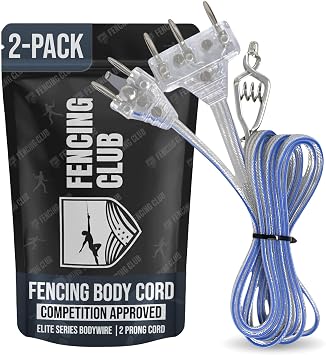 Fencing Foil/Saber Body Cord, Elite Series Bodywire, 2 Prong Cord, Clear Wire, Competition Approved 2 Pack