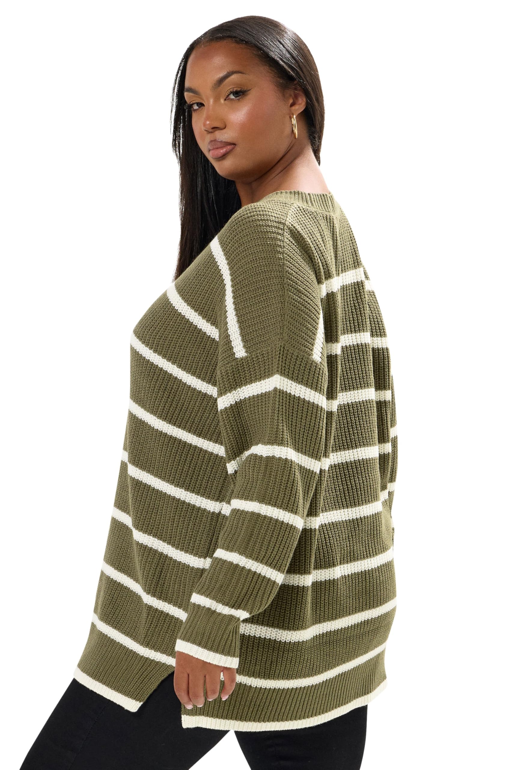 Yours Curve Green Stripe Knitted Jumper - Women's - Plus Size Curve
