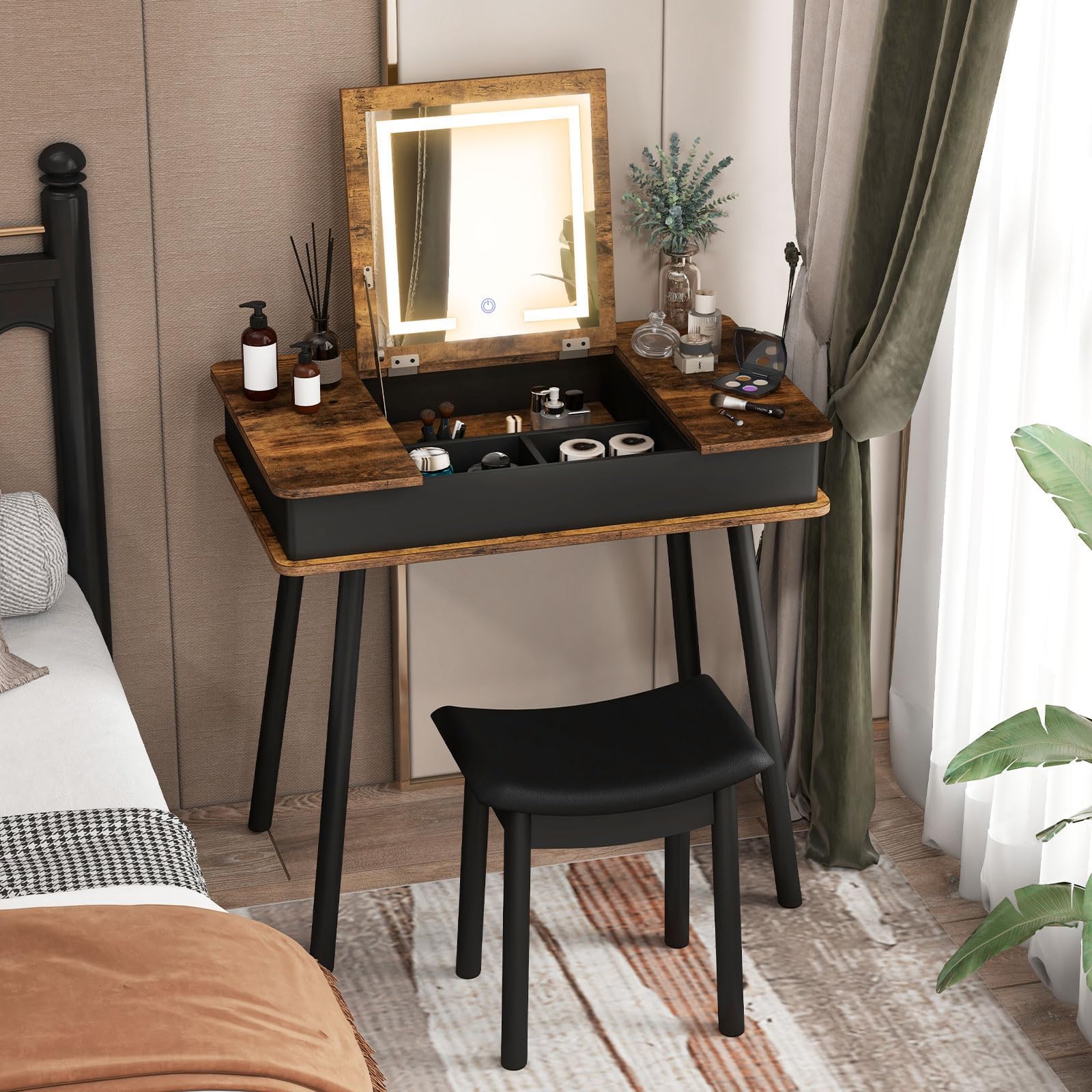 Flip Top Makeup Vanity With Stool Mirror