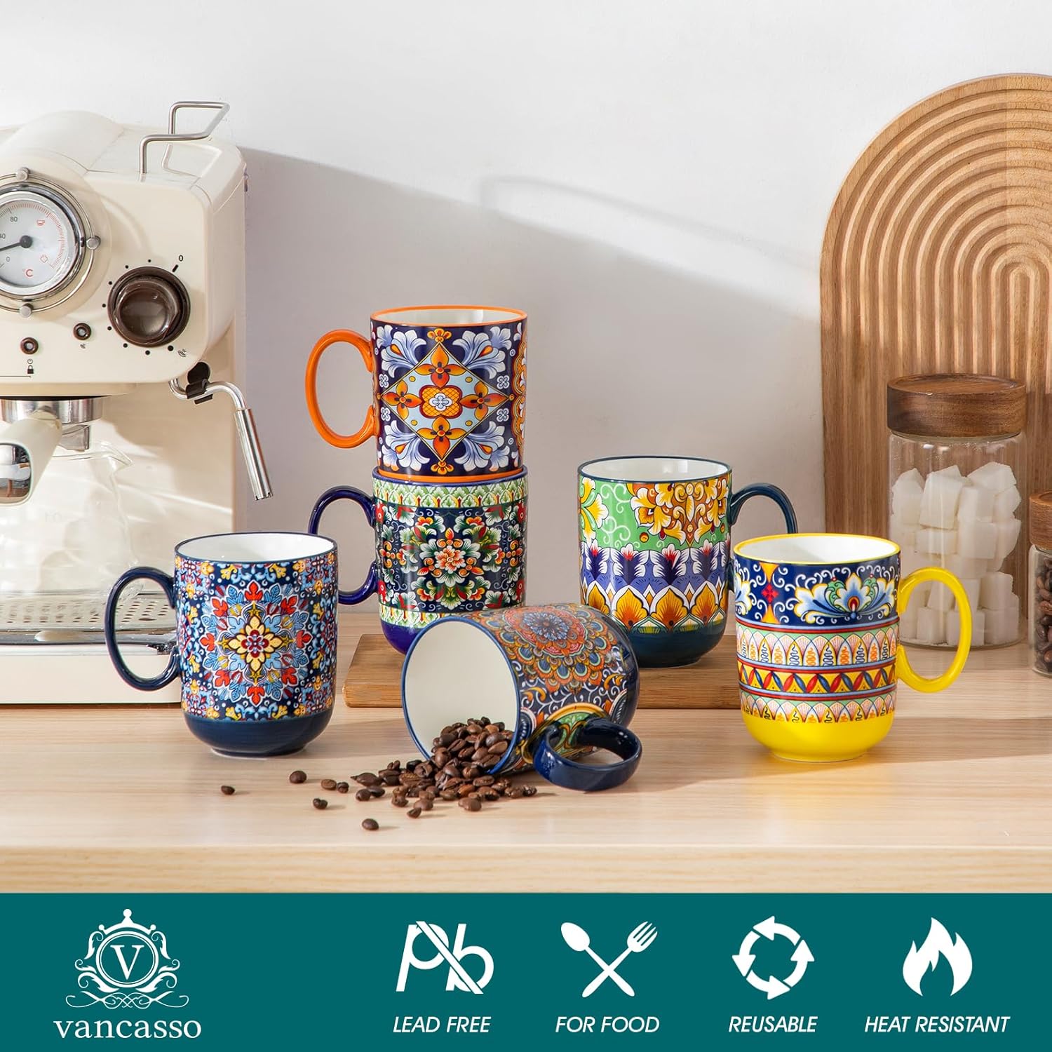vancasso Boho Coffee Mugs Set of 6, 14 oz Ceramic Mugs with Handle, Colorful Porcelain Cups Microwave Dishwasher Safe, for Latte Tea Cappuccino Cocoa Hot Chocolate - Image 3
