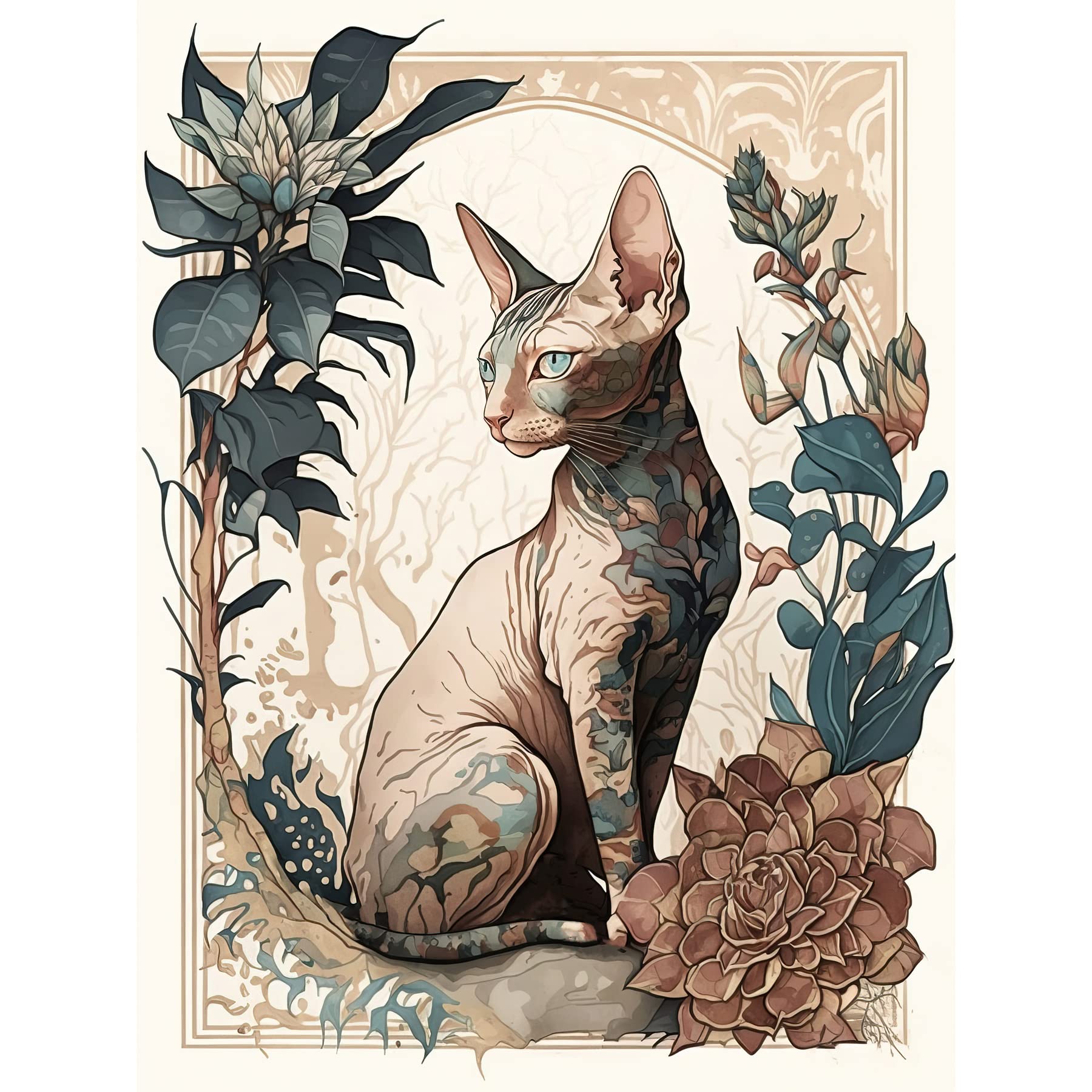 Artery8 Sphynx Cat with Flower Blooms Modern Art Nouveau Portrait Illustration Large Wall Art Poster Print Thick Paper 18X24 Inch