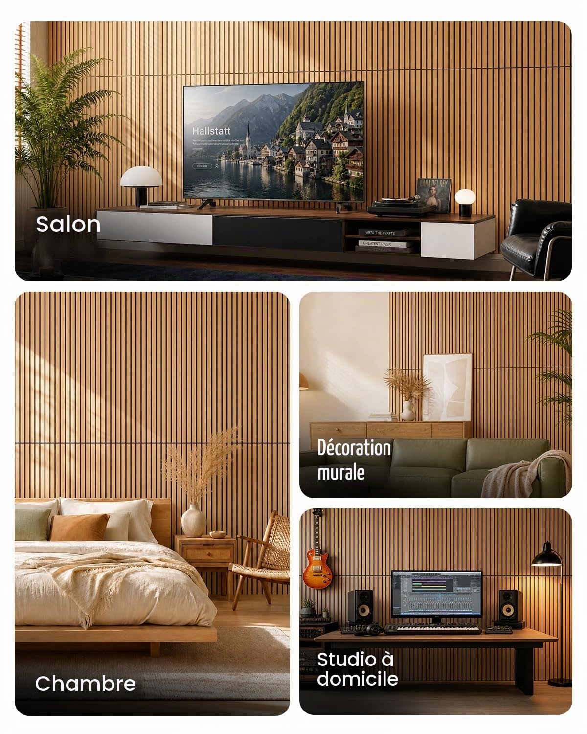 Soundsbay Panneaux Acoustiques Autocollant Chêne Lot de 2,88 m²-4 Pièces | Grands, pour Traitement Acoustique et Décoration Murale, 120×60×0,9cm