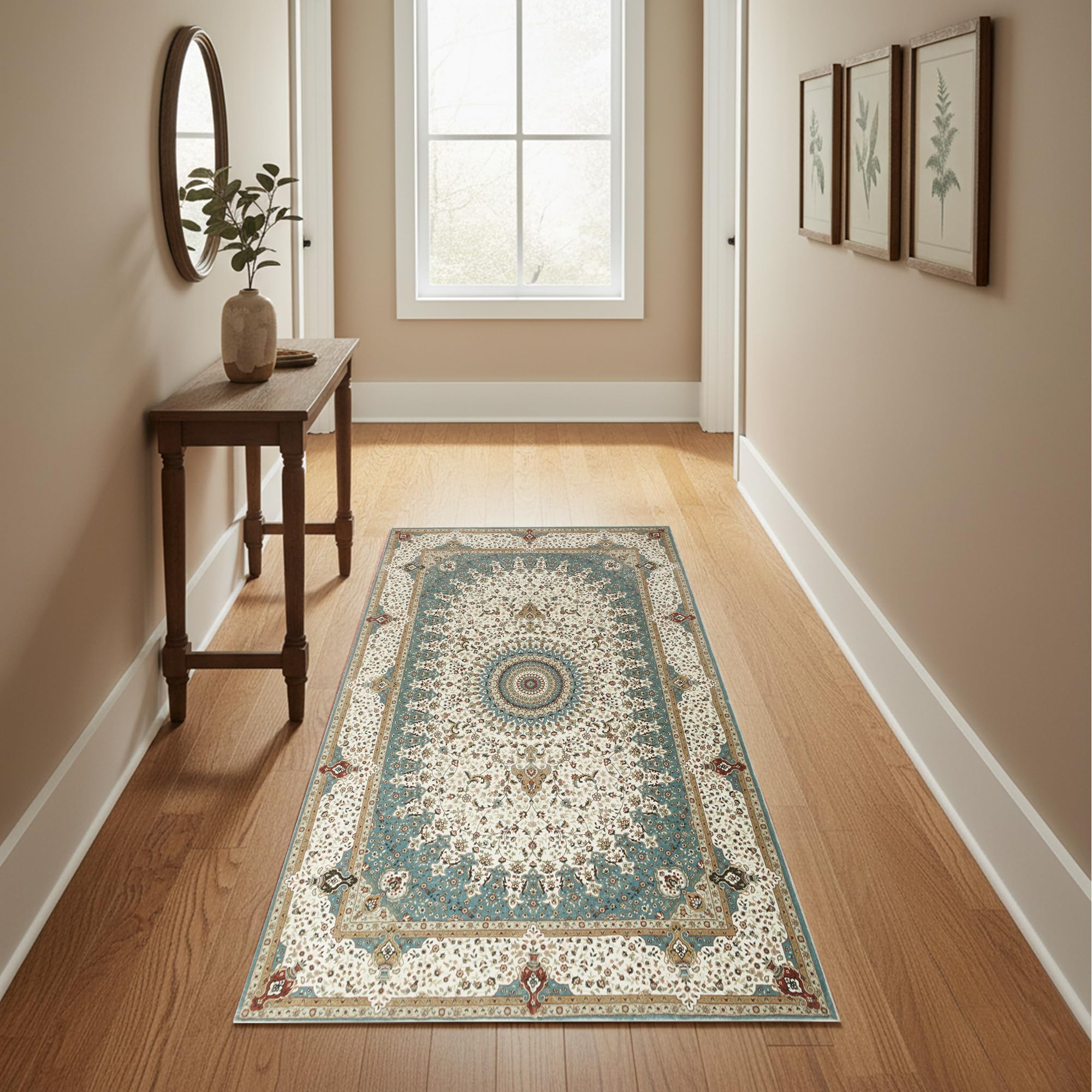 Hafaa Machine Washable Runner Rugs for Hallway Non- Slip Large Bedside Rug 80x150 cm – Traditional Pattern Bedroom Carpets for Living Room, Lounge (Willow)
