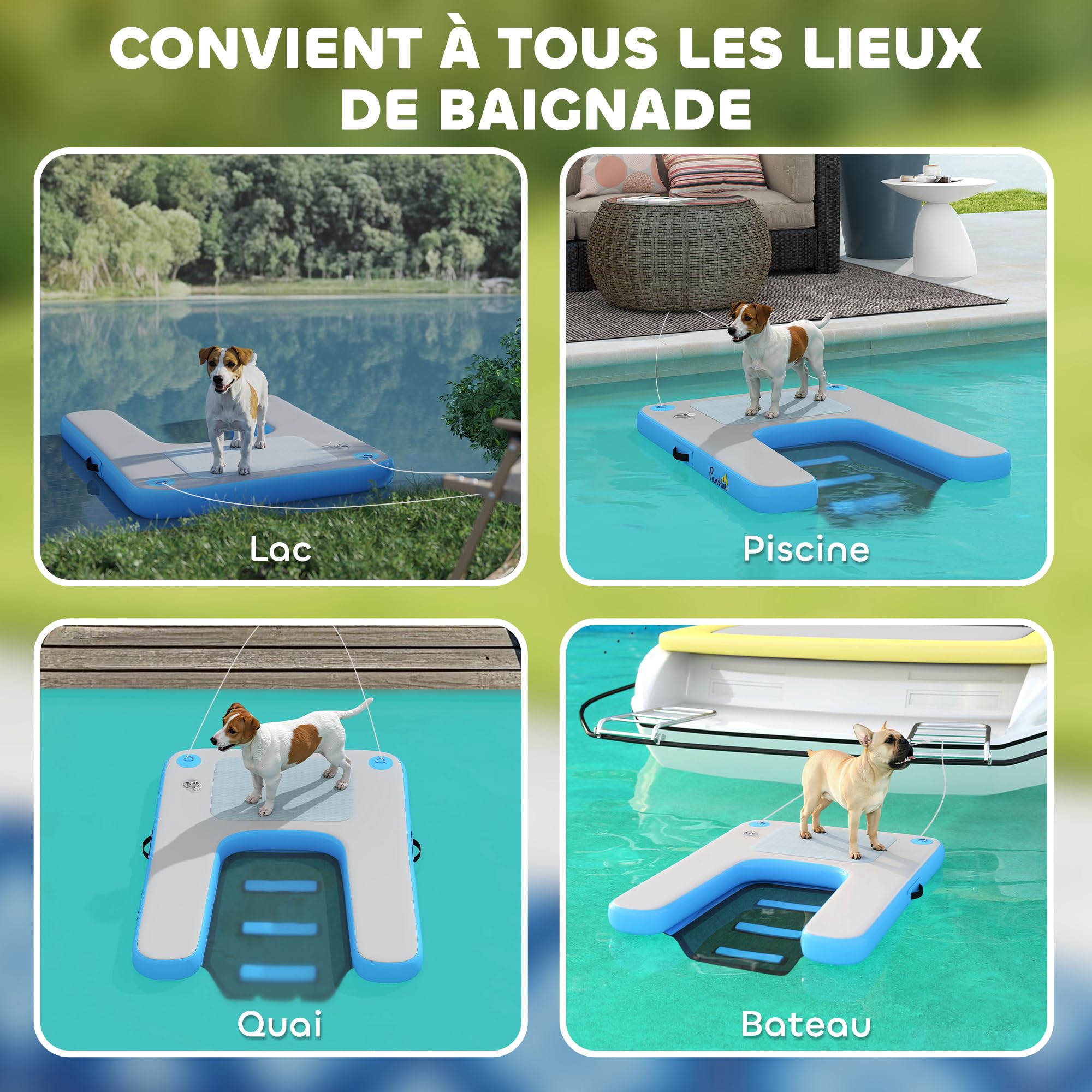 PawHut Rampe Gonflable de Radeau pour Chien antidérapante Bleu et Gris | Plate-forme flottante de sports nautiques, échelle flottante pour piscine, lac, bateau
