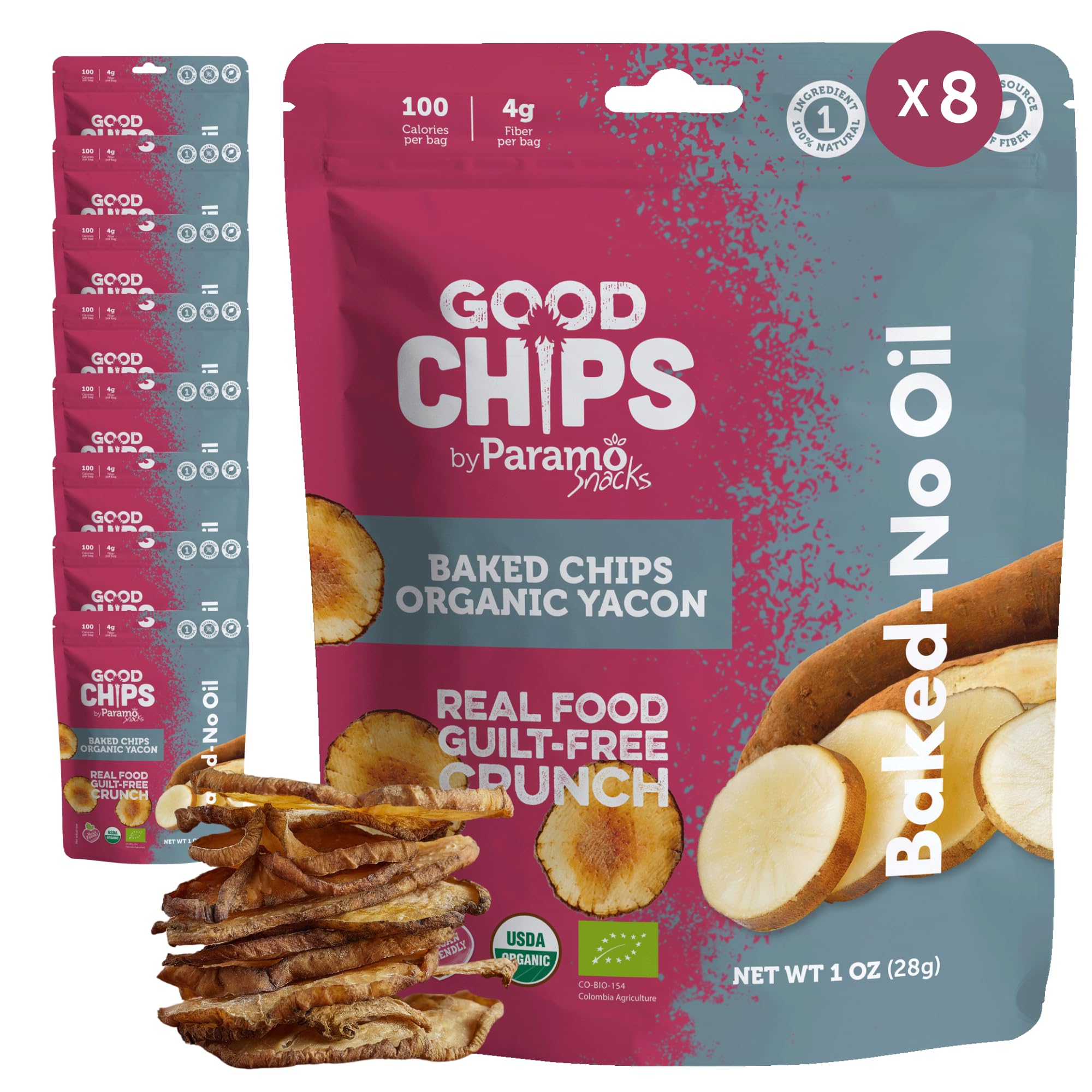 Baked Organic Yacon Chips by GOOD CHIPS! 100% Natural, Oil-Free, Only One Ingredient: Yacon Root, USDA Organic, Earthy Sweet Superfood, Good Source of Fiber - 1 oz bags - Pack of 8