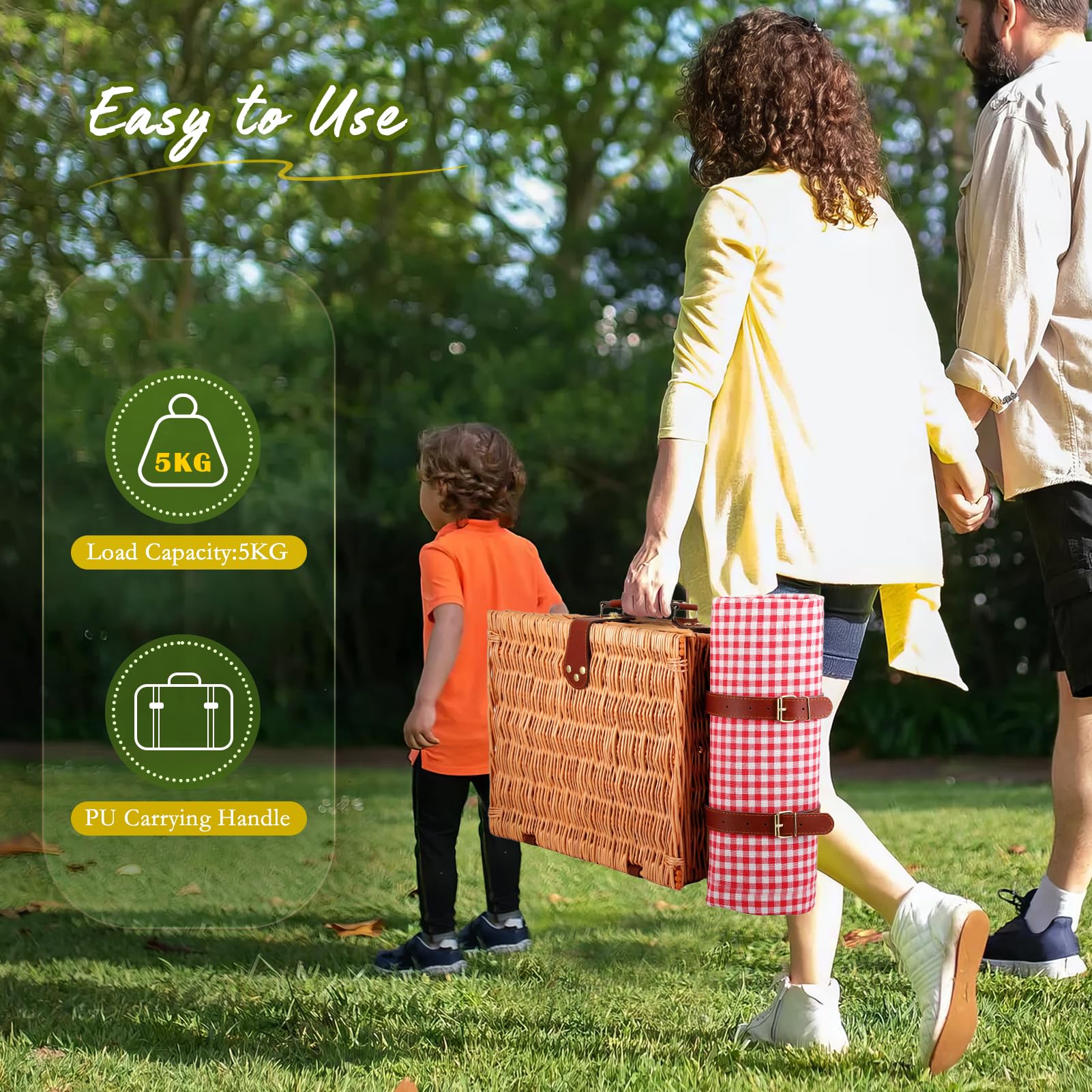 YPshuye Picknickmand voor 4 personen, met waterdichte picknickdeken en geïsoleerde koelbox, grote picknickmand van wilgentenen voor camping, outdoor, Valentijnsdag