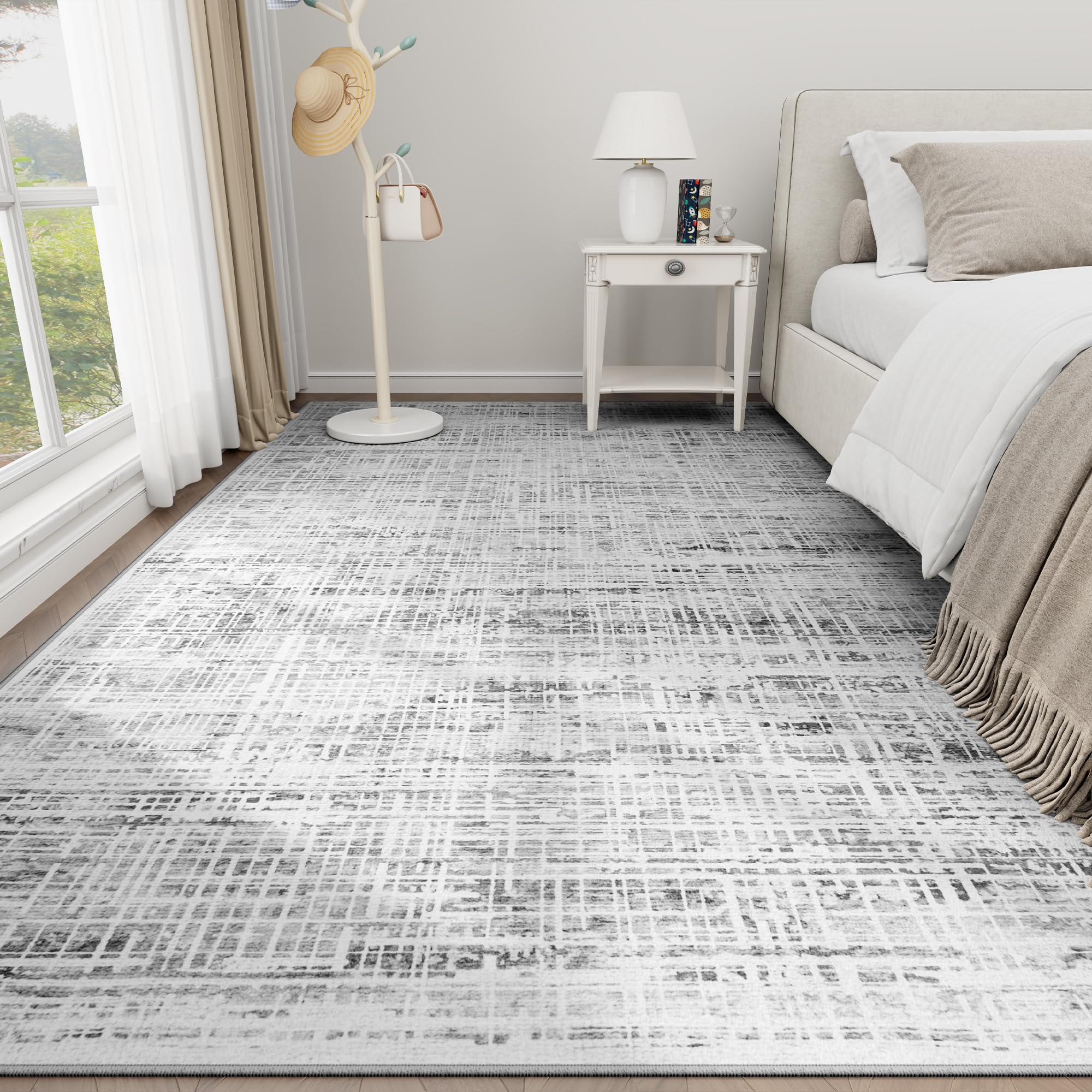 8x10 Area Rugs Washable Rug: Anti-Skid Abstract Modern Living Room Rug Soft Thin Carpets Indoor Floor Non-Shedding Carpet for Bedroom Dining Farmhouse Nursery Home Office (White Gray, 8'x10')