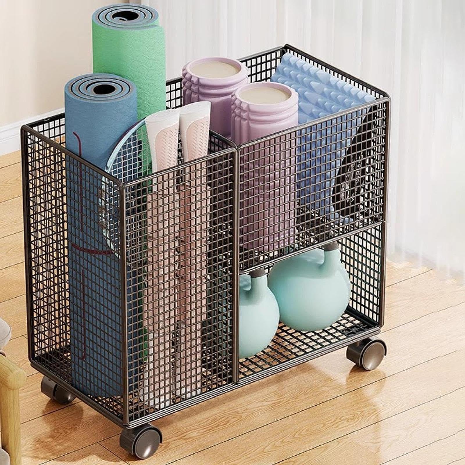 Yogamatten Aufbewahrungsregal, Heimfitness Aufbewahrungsregal mit großem Fassungsvermögen zur übersichtlichen und griffbereiten Aufbewahrung von Trainingsgeräten, Schwarz, 50 x 28 x 43 cm