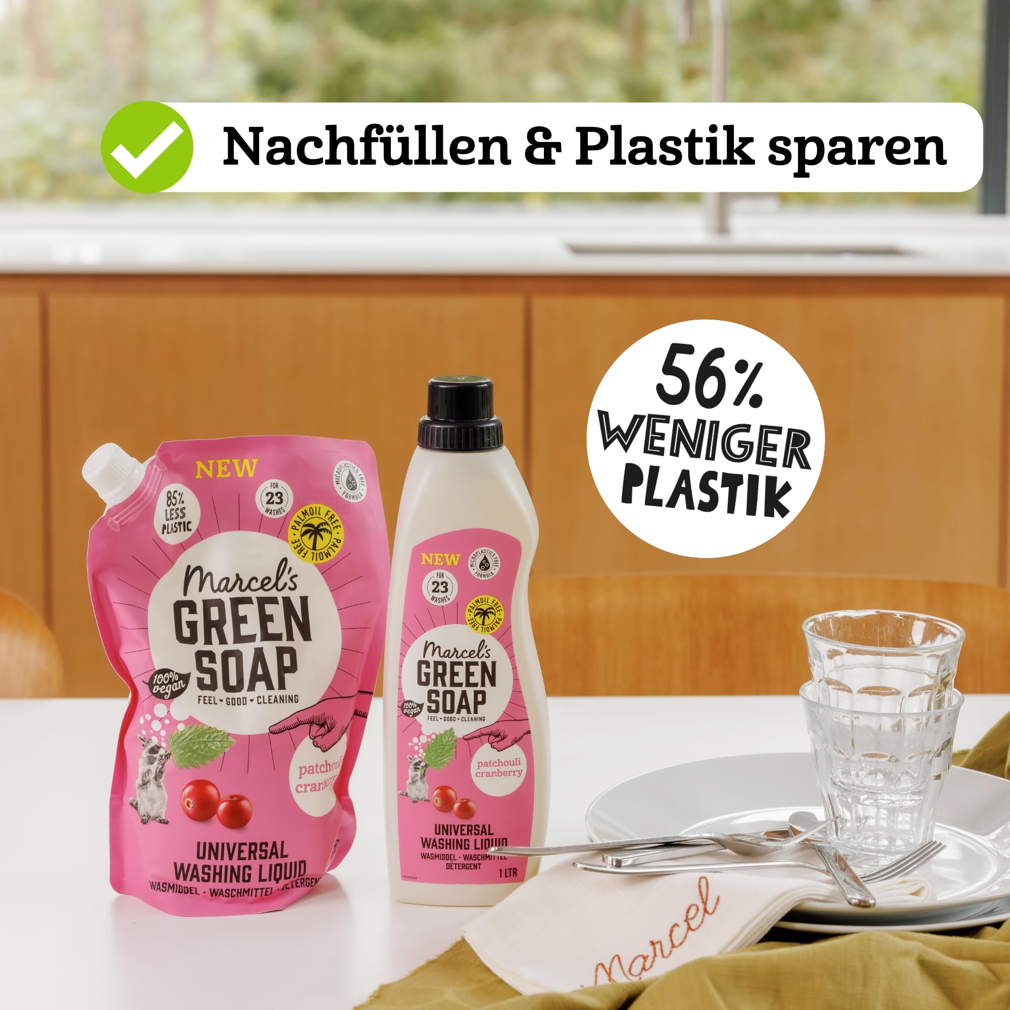 Marcel's Green Soap Universalwaschmittel Nachfüllbeutel Patschuli & Cranberry - Nachfüllpackung - Weiße und bunte Wäsche - Vegan - Mikroplastikfreie Formel - 92 Waschgänge - 1L (4er Pack)