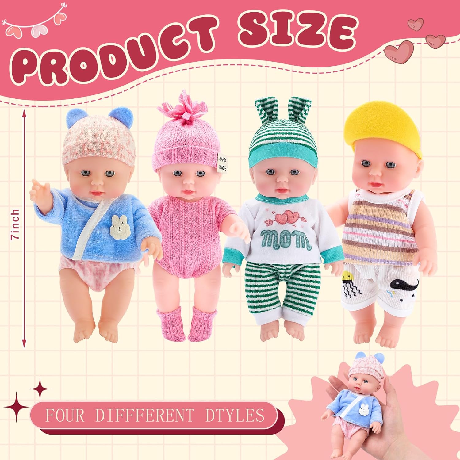Halloscume 7 Inch Mini Baby Mini Reborn Doll Vinyl Full Body Lifelike Dolls Baby with Weighted Cloth Reborn Gift Set for Kids, Gifts for Christmas Kids(4 Pcs,Summer)