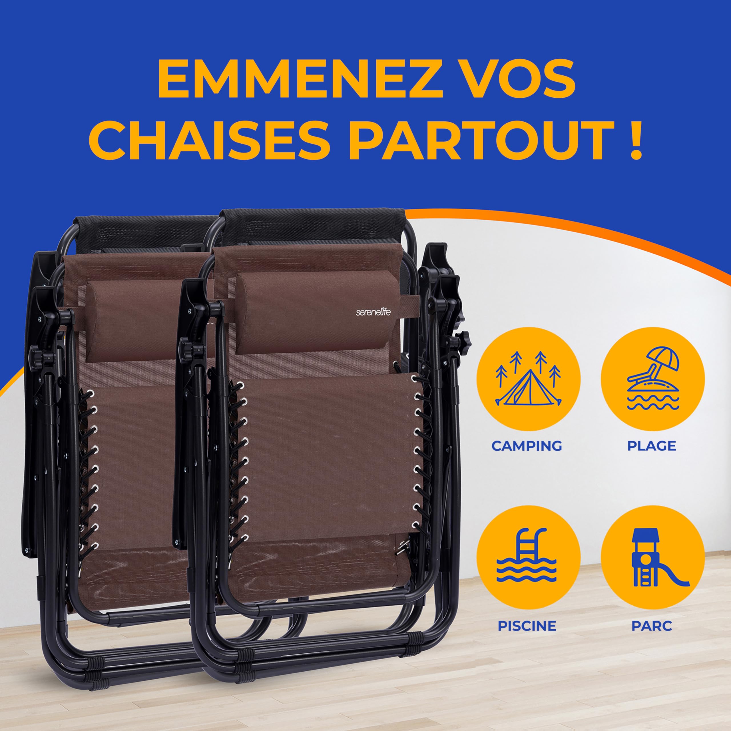 Serenelife Ensemble de 2 Chaises Pliantes - Chaise Longue Réglable pour Extérieur avec Table Latérale, Porte-Gobelets, Oreillers Amovibles - Patio, Jardin, Plage - Marron