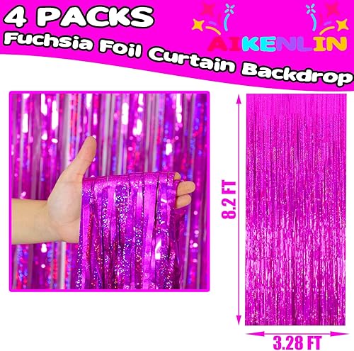 Miniatura 2 de Paquete de 4 cortinas de flecos de papel de aluminio fucsia de 3.2 pies x 8.2 pies, cortinas de oropel metálico con flecos para cabina de fotos,