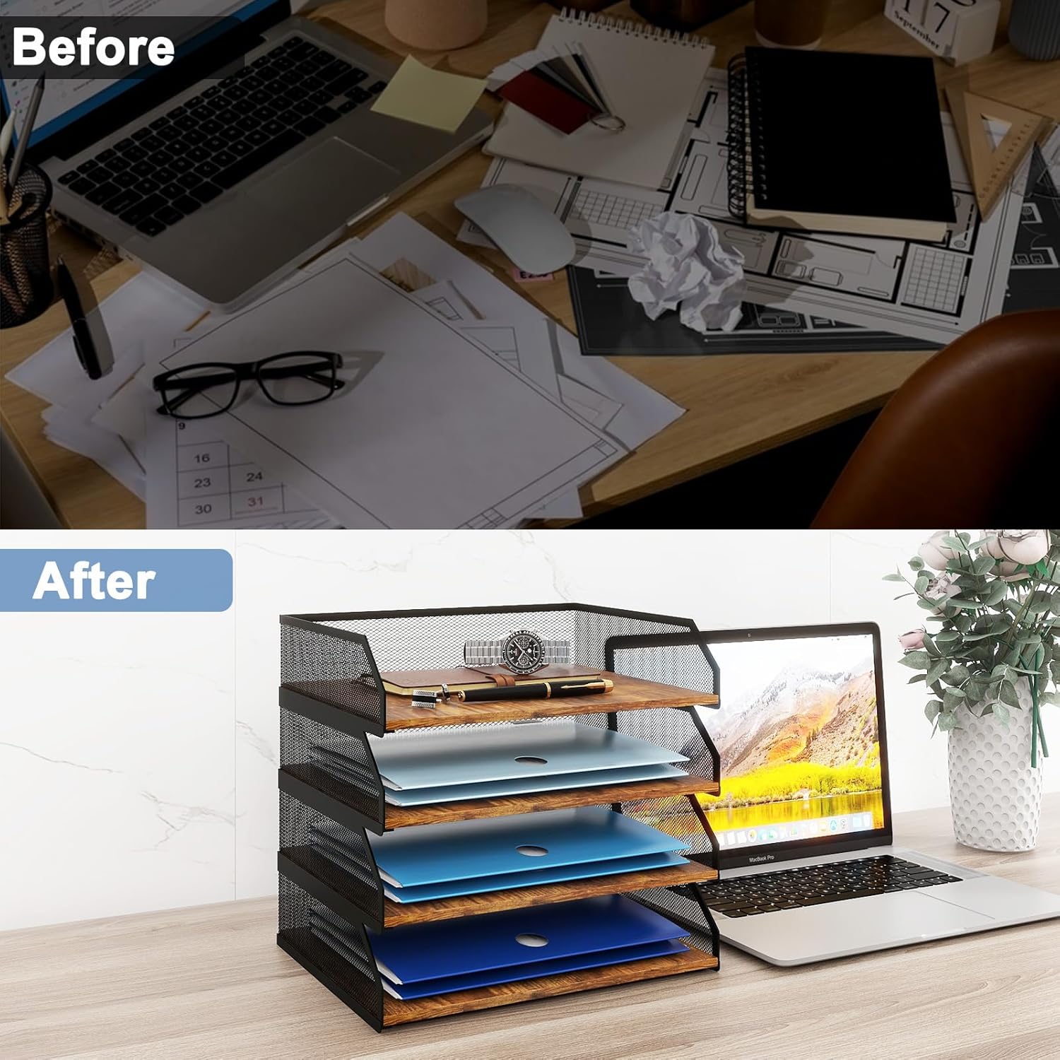 Natwind 4-Tier Stackable Paper Tray, Wooden Paper Organizer for Desk,Metal Mesh Desktop Organizer, Paper Sorter, Letter Trays,File Document Storage Rack for for Home, Office, School (Retro)