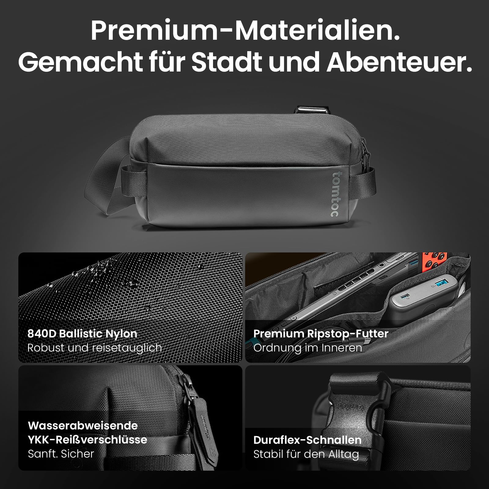 tomtoc Premium Sling Bag Herren 3L EDC Umhängetasche, leichte robuste Schultertasche für iPad mini 7 & Switch 2, ideal für Reise und Alltag, Schwarz