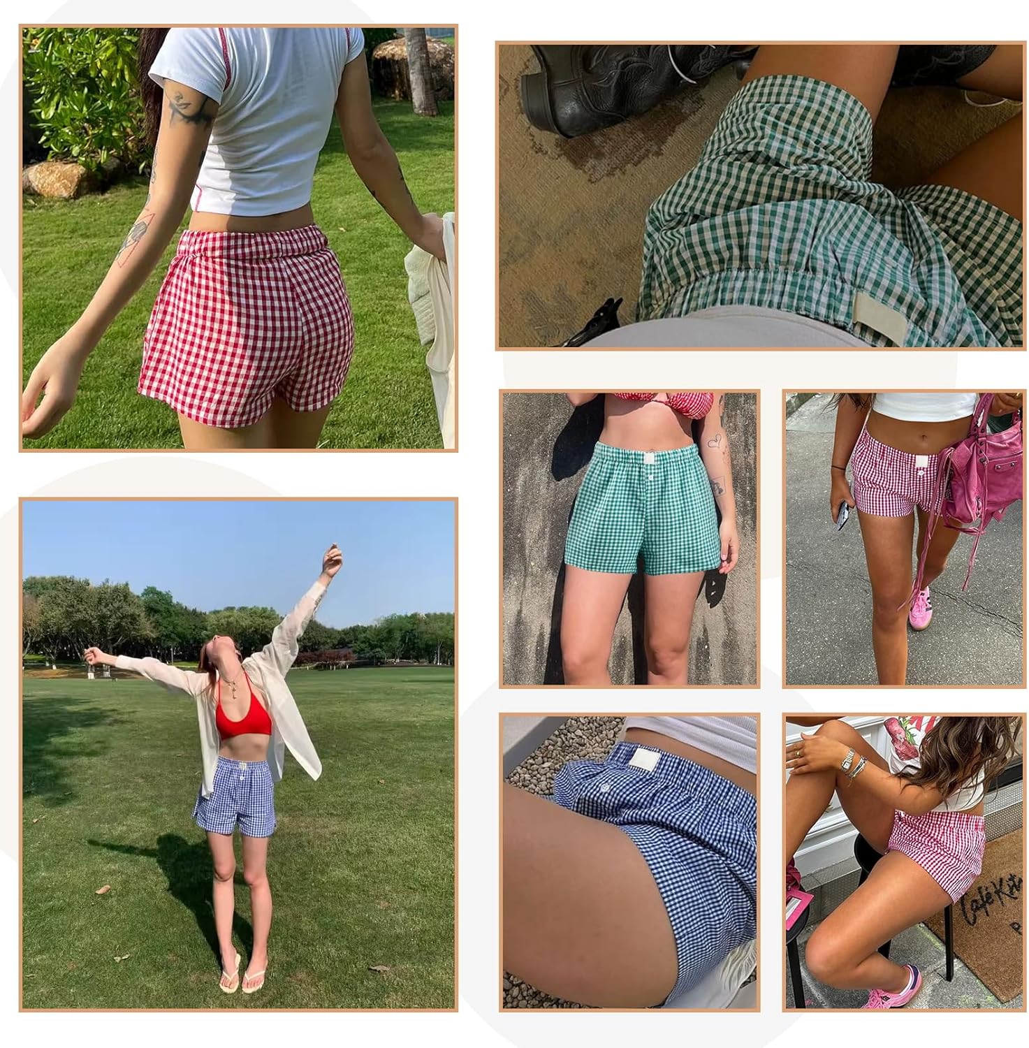 3 Pack Women's Boxer Shorts,Plaid Shorts for Women,Summer Casual gingham pajama Lounge Sleep Bottoms,Beach Bottoms (Light Pink, Royal Blue, Green) - Image 6