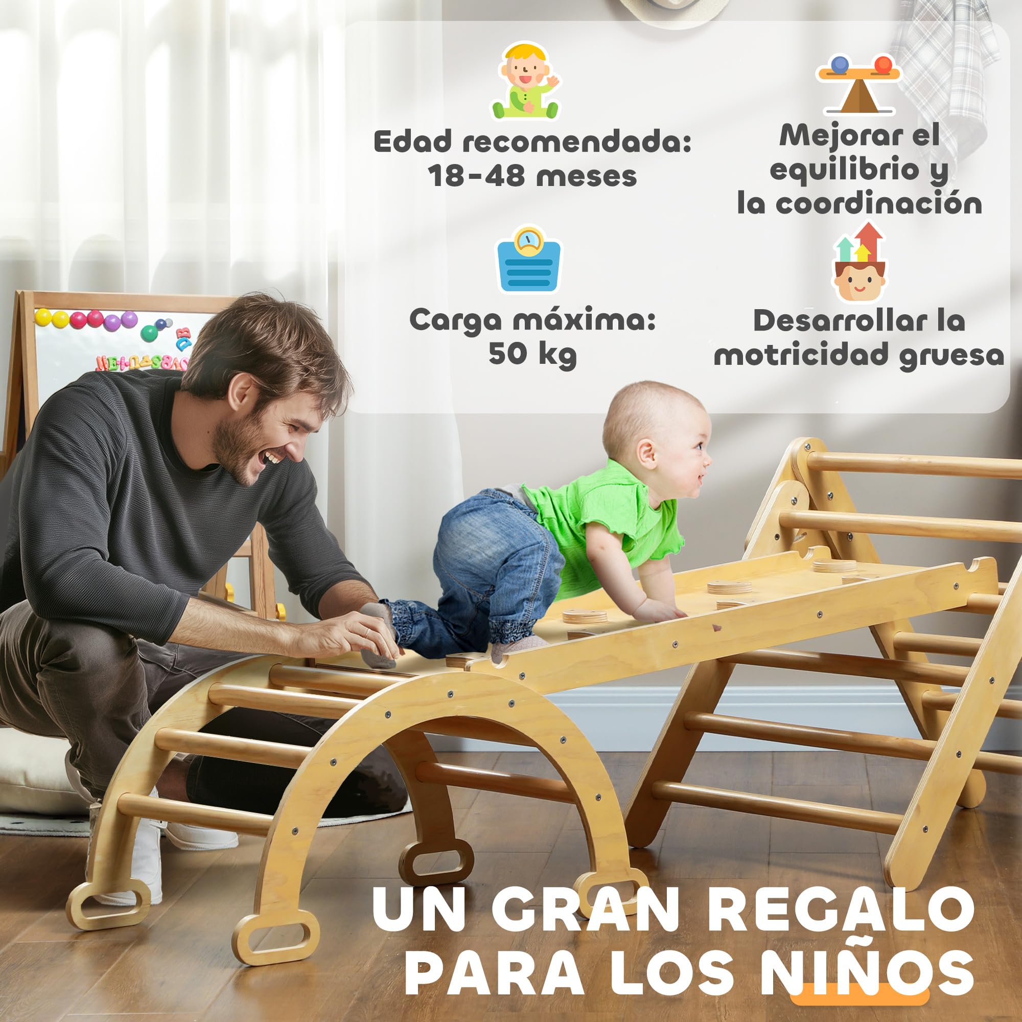 AIYAPLAY 5 en 1 Triángulo de Escalada Montessori con Arco y Rampa, Escalada para Niños de Madera Plegable, para 18-48 Meses, para Deslizarse o Escalar, 178x64,5 cm, Madera Natural