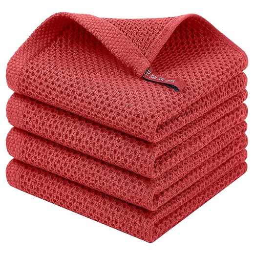 Homaxy 100% Cotton Waffle Weave Kitchen Dish Cloths, 4-Pack Ultra Soft Absorbent Dish Towels, Quick Drying Dish Rags, 12 x 12 Inches, Brick Red