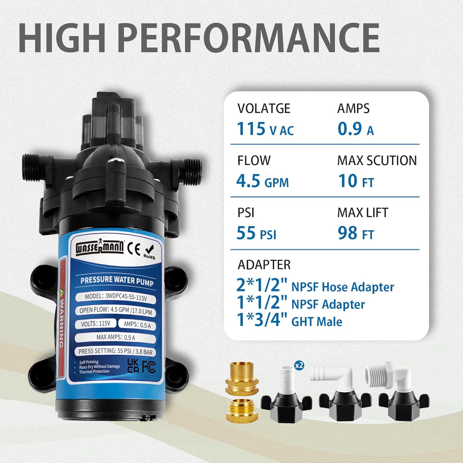 WASSERMANN Water Pressure Booster Pump 115 Volt AC 4.5GPM 55PSI,Water Pump Self Priming Diaphragm Pump with Pressure Switch for Kitchen Bathroom Marine Yacht Garden