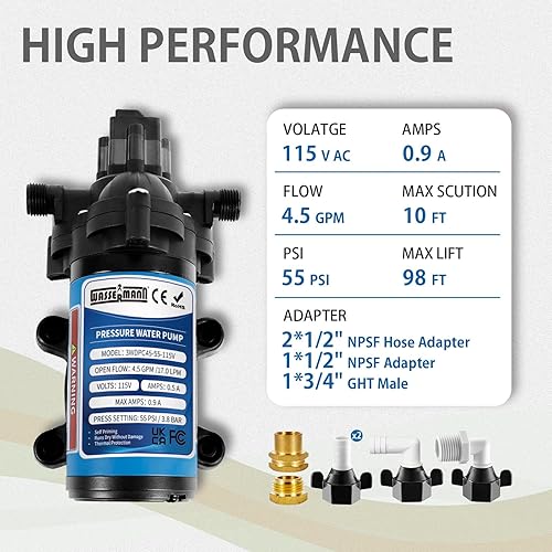 Miniatura 2 de WASSERMANN Bomba de presión de agua de 115 voltios CA 4.5GPM 55PSI, bomba de agua autocebante de diafragma con interruptor de presión para cocina,