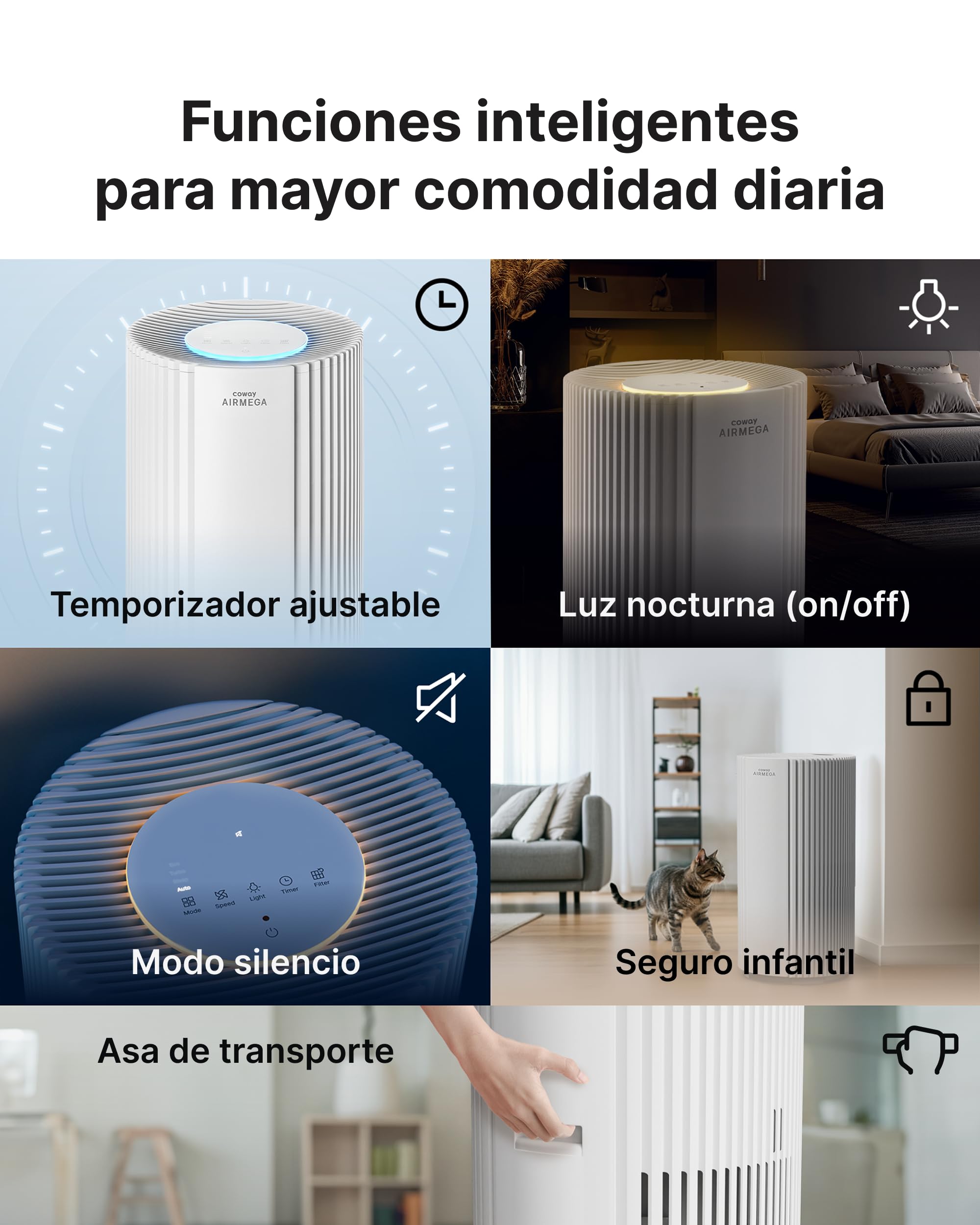 COWAY Purificador de aire para espacios grandes, CADR 713 m³/h, limpia 148 m² en 30 min, filtro HEPA para humo, alergias, pelo de mascotas, olores, sensor PM10, modo ahorro energético, AIRMEGA 350