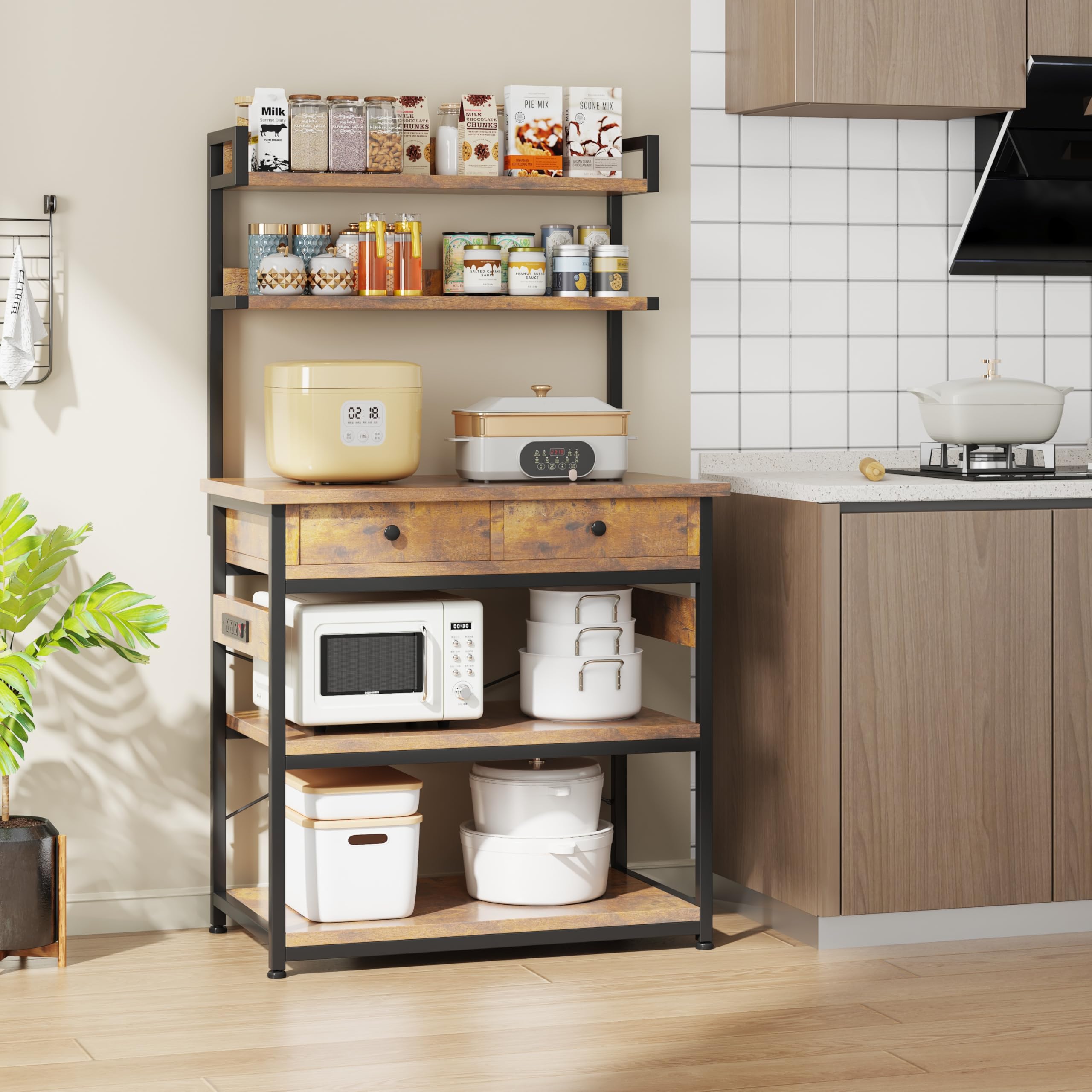 CAIYUN Étagère de Cuisine avec Prises électriques, étagère sur Pied avec Deux tiroirs en Bois, étagère pour Micro-Ondes, 5 Niveaux, Structure en Acier, 42 x 80 x 148 cm, Marron Vintage