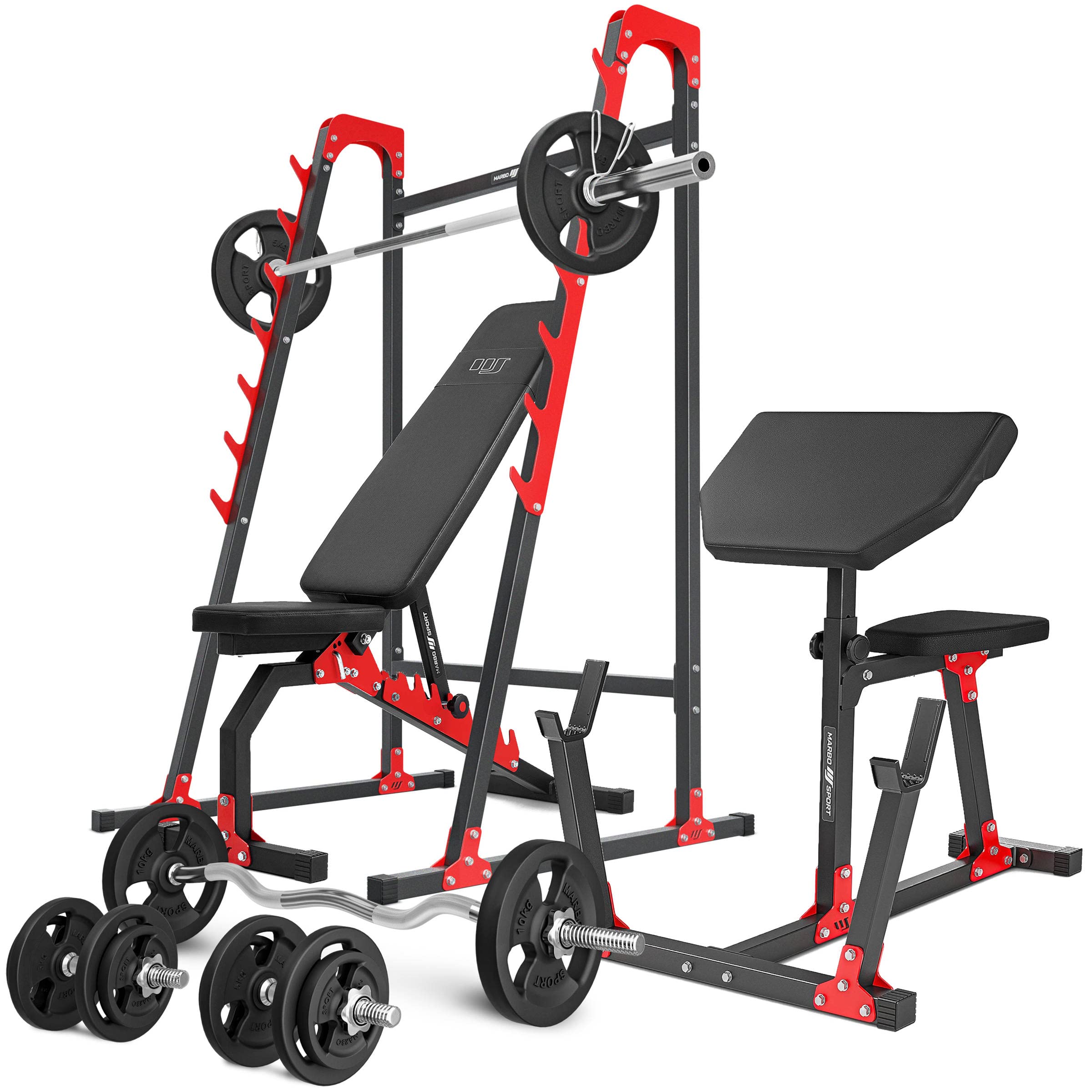 Marbo Sport-Set MH10 – verstellbare Hantelbank, Langehantelständer, Curl-Bank, 1x SZ-Curlstange, 2X Kurzhantelstange, 1x Langhantelstange + Gewichtsscheiben/gummierte Gewichtsscheiben, 83/113 insg.kg