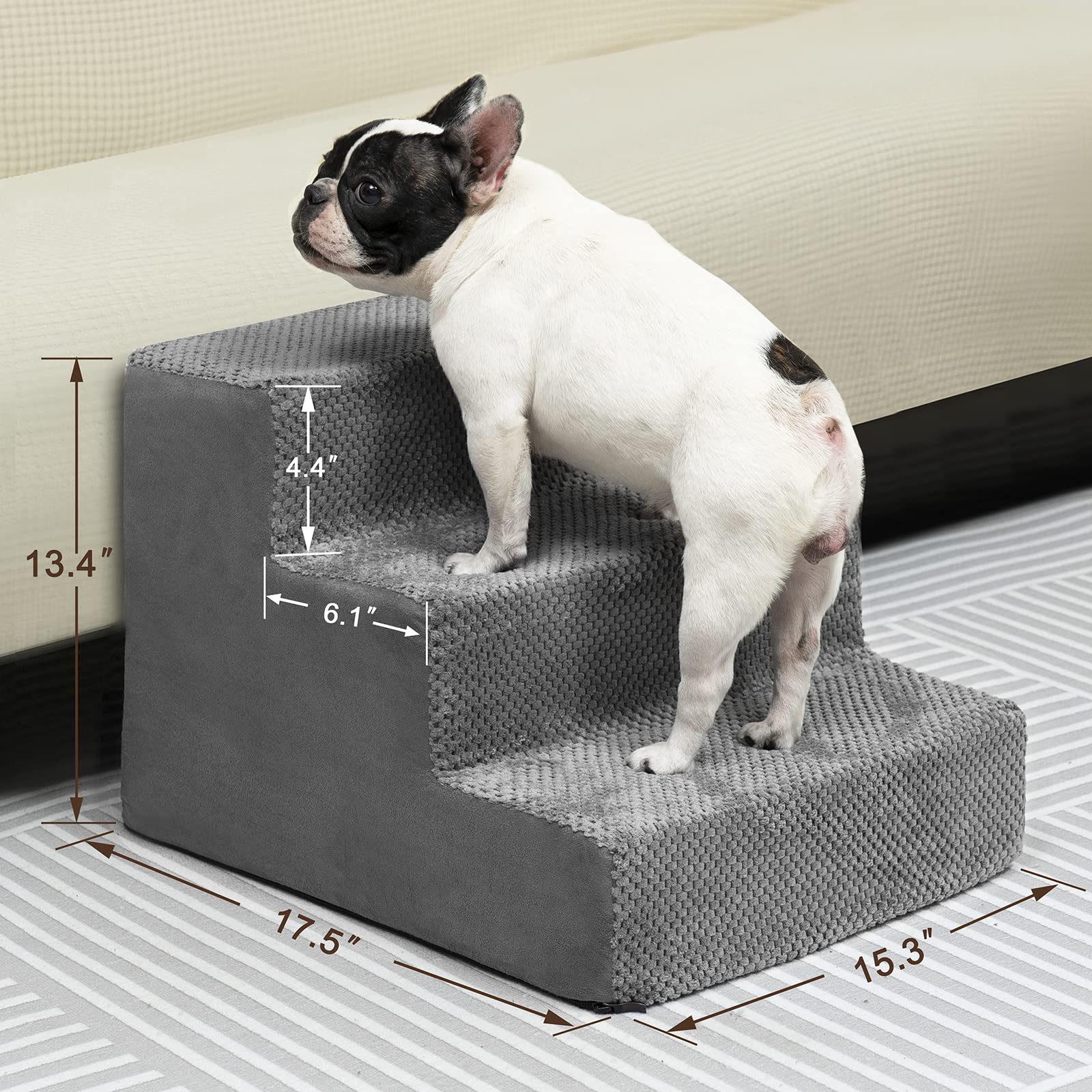Portable Dog Stairs, Pet Stairs 3-Step Anti-Slip Rubber Bottom Memory Foam Dog Steps with Removable Washable Cover for Smaller & Elder Pets, Sturdy Steps for Dog Under 50 Pounds