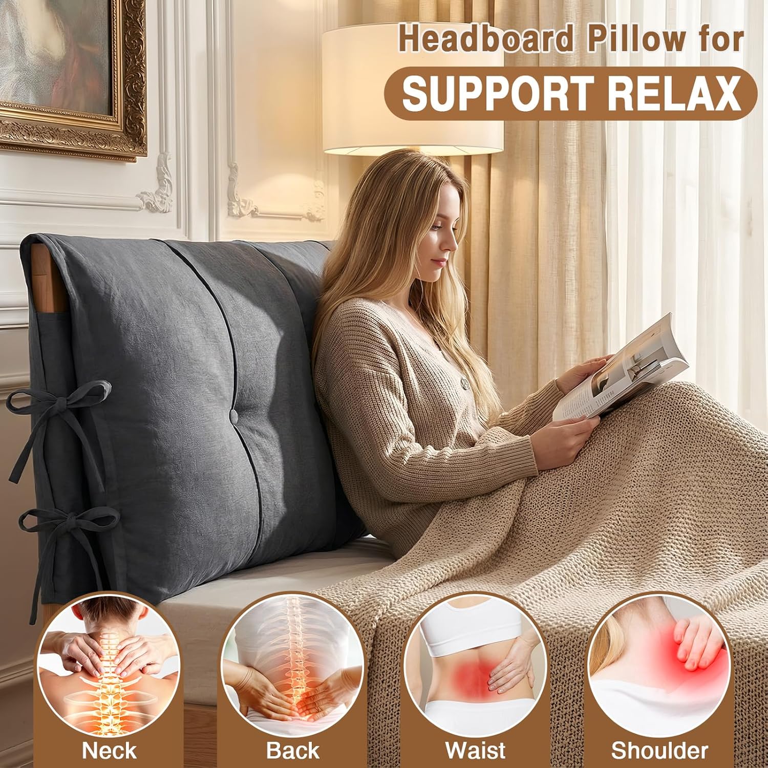 Tegeme Headboard Cover with Tie Straps Full-Cover Large Thicken Bed Headboard Pillow for King Queen Full Size Beds Metal Frame Wooden Bed(Dark Gray,Full Size)