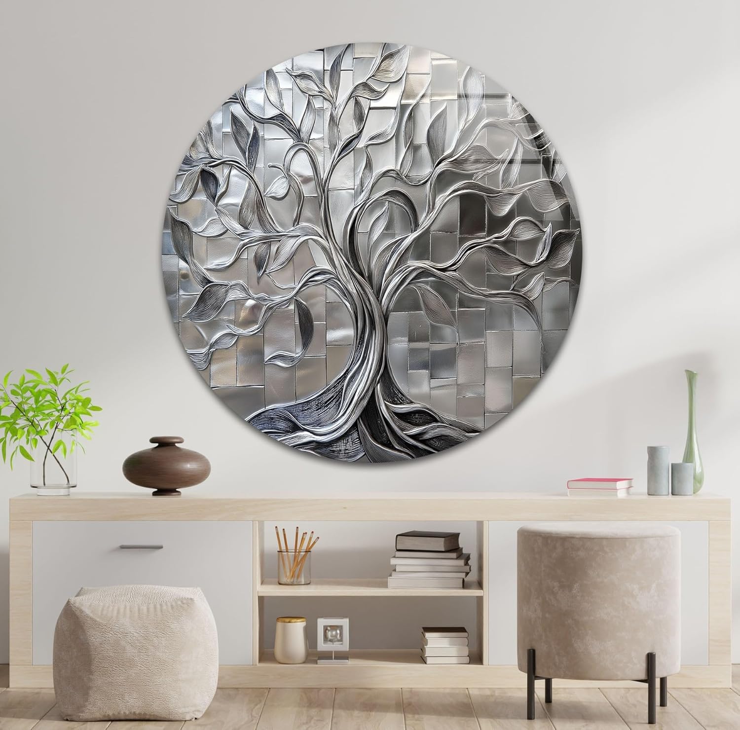 My Photostation.com 28Wx18H'' Radiant Silver Tree Geometric Tile Design Glass Wall Art Tempered Glass Printing Wall Decor Large Wall Art Wall Hangings