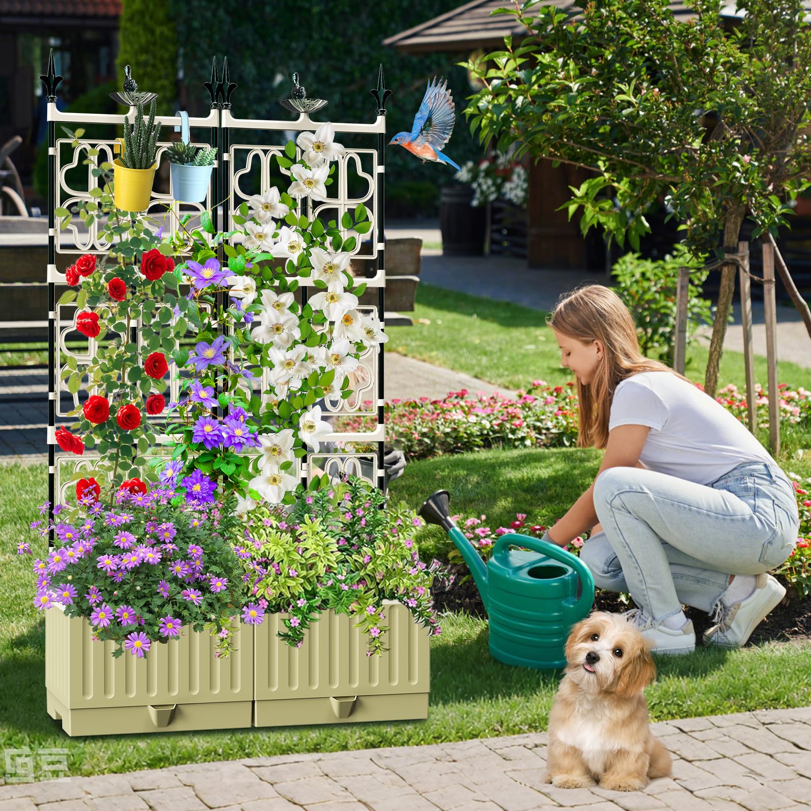 Jardinière surélevée avec treillis en métal, 142 cm, auto-arrosage, jardinière surélevée pour plantes grimpantes, fruits, légumes, fleurs