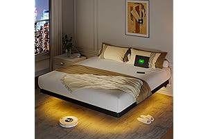 Feonase Floating King Size Bed Frame with LED Lights and Impressive Storage