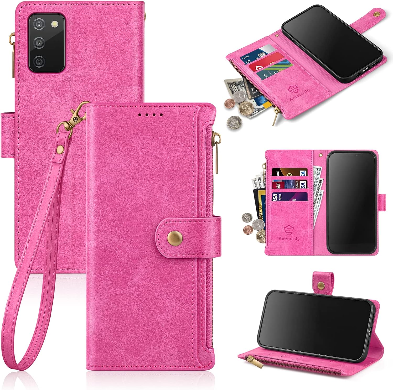 Antsturdy Compatible with Samsung Galaxy A03S US Case Wallet with Card Holder Women Men,Phone Case RFID Blocking PU Leather Flip Shockproof Cover Wrist Strap Zipper Credit Card Slots,Wine Red