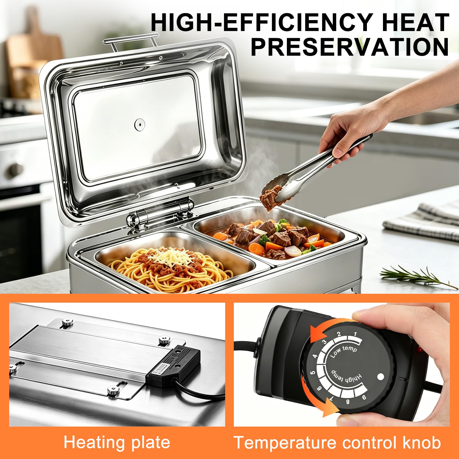 Calentador Buffet Electrico 9L, Regulable Temperatura 30-85 °C, 1/1 | Chafing dish comercial bufé, calentador de comida buffet electrico para catering, bodas y fiestas, acero inoxidable