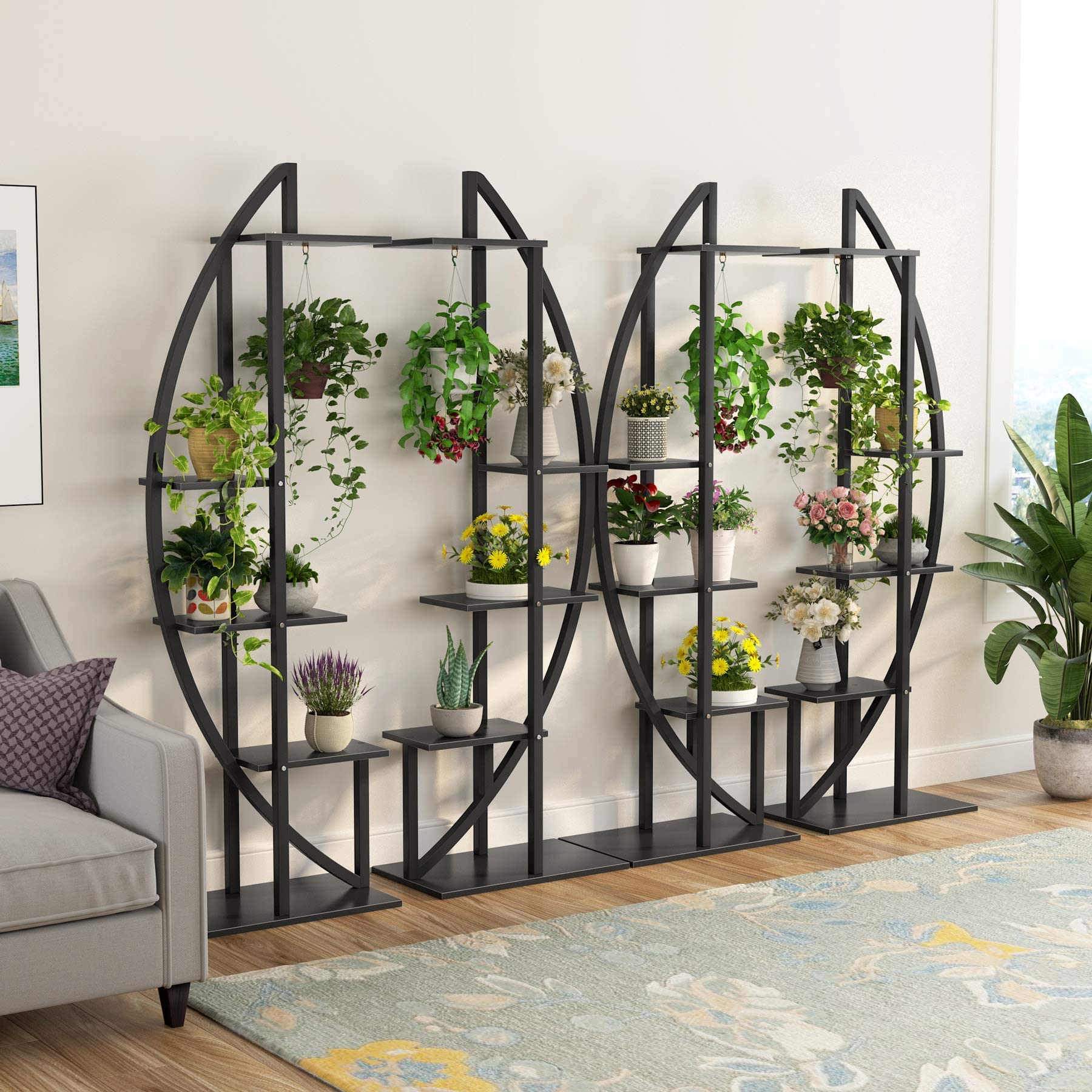 Tribesigns Blumenständer, 2 Stück Pflanzenregal mit 5 Ebenen und 2 Haken, 160cm Hoch Pflanzenständer Metall Blumenregal für Indoor Balkon Boden Blumentreppe Wohzimmer (Mattschwarz)