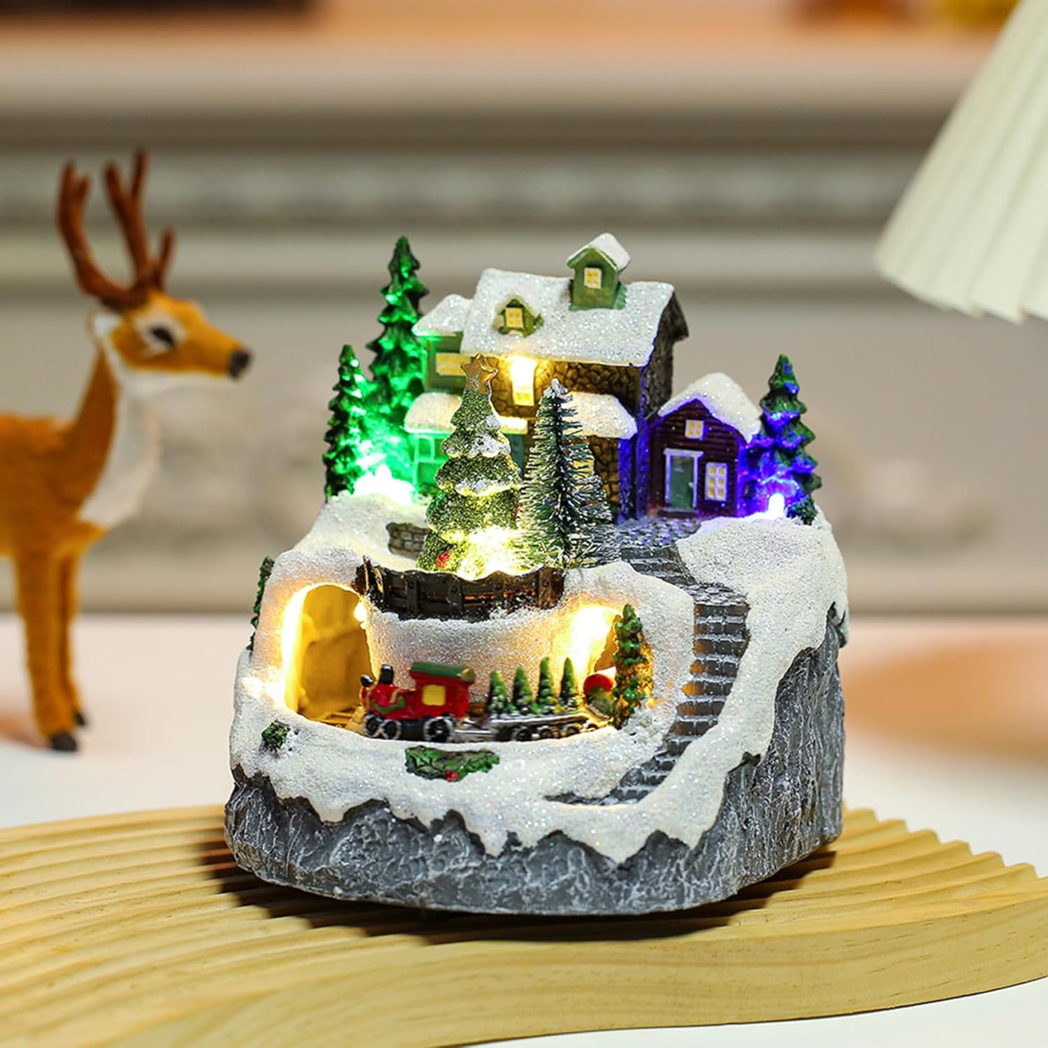 Christmas Village Houses LED Lighted Musical Snow Christmas Houses with Train and Trees for Winter Xmas Holiday Tabletop Mantel Decor