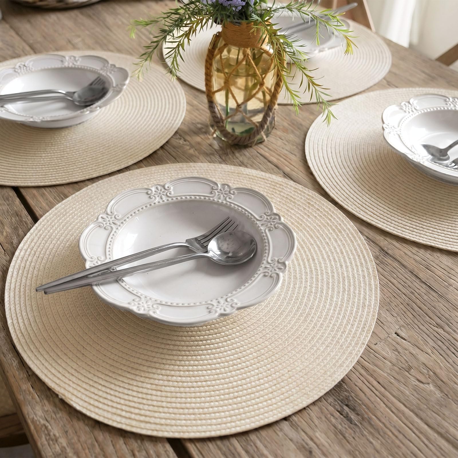FunWheat 6 Tischsets, rund, geflochten, für Esstische, waschbar, rutschfest, 38 cm, Beige Elfenbein Küche, Haushalt & Wohnen