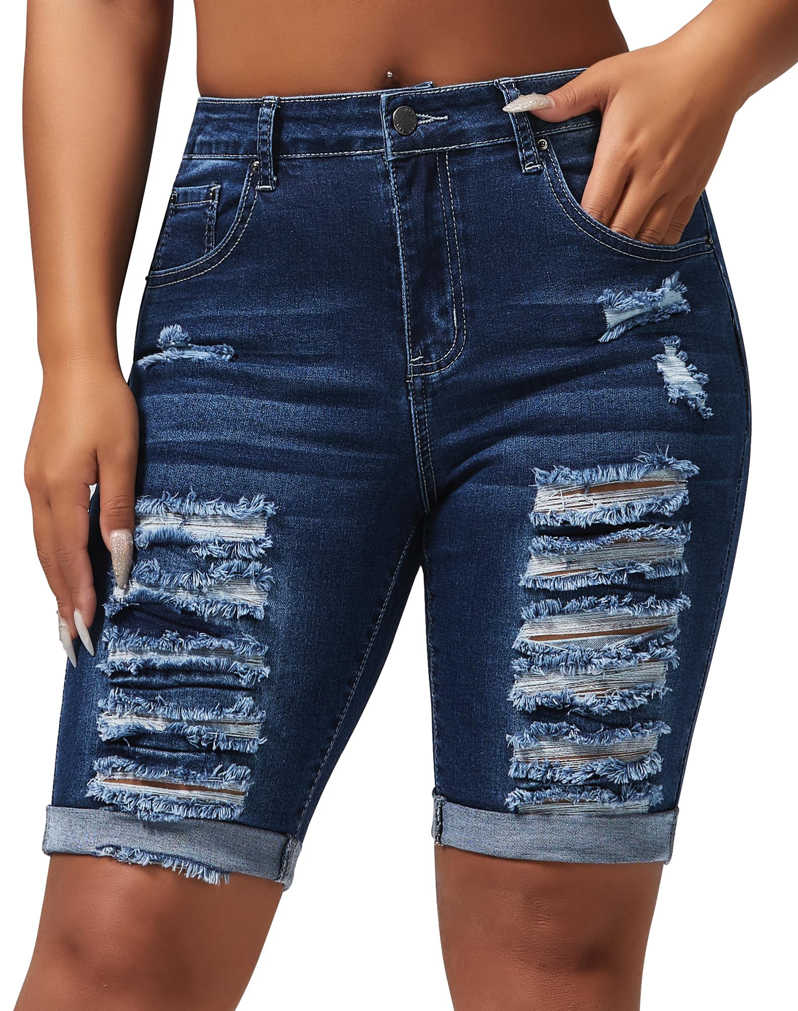 roswear Women's Mid Rise Ripped Stretchy Bermuda Shorts Curvy Folded Hem Long Jean Shorts