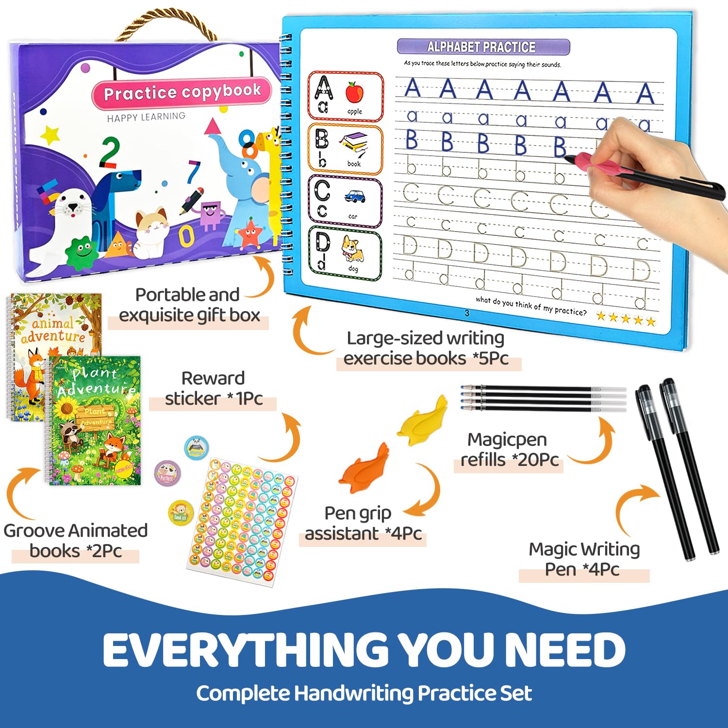 Libros de práctica de escritura con ranuras mágicas para niños, reutilizables con letras y números ranurados, adecuados para edades de 3 a 5 y 6 a 8 años, actividades de aprendizaje para niños