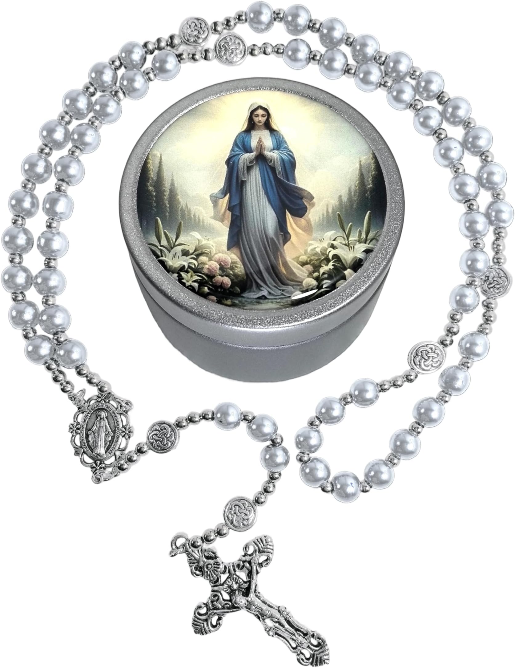 8mm Glass Pearl Rosary - Catholic Necklace for Men and Women Comes in a Metal Gift Box, First Communion Rosary Necklace as Gifts