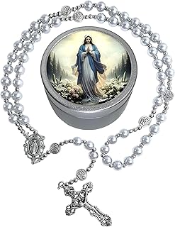 8mm Glass Pearl Rosary - Catholic Necklace for Men and Women Comes in a Metal Gift Box, First Communion Rosary Necklace as Gifts