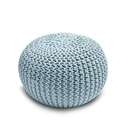 Home Sweet Home UK Handmade Ottoman Large Knitted Pouffe Footstool - 100% Cotton Chunky Knitted Round Pouffes For Living Room - Suitable For Resting Feet, Occasional Seating & Decor - Blue