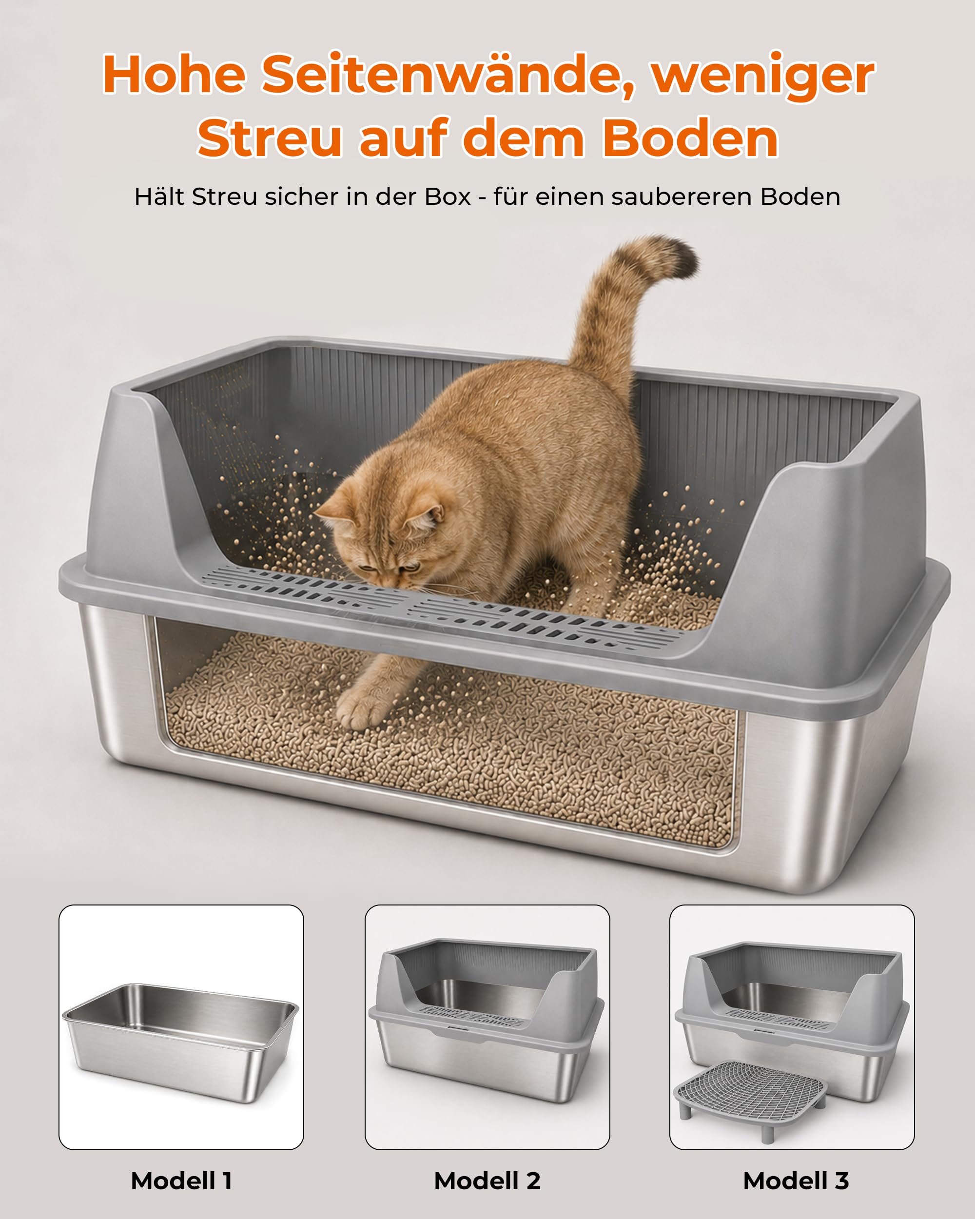 Katzenklo Edelstahl XXXL mit Hoher Rand (60x40x35cm) 42L