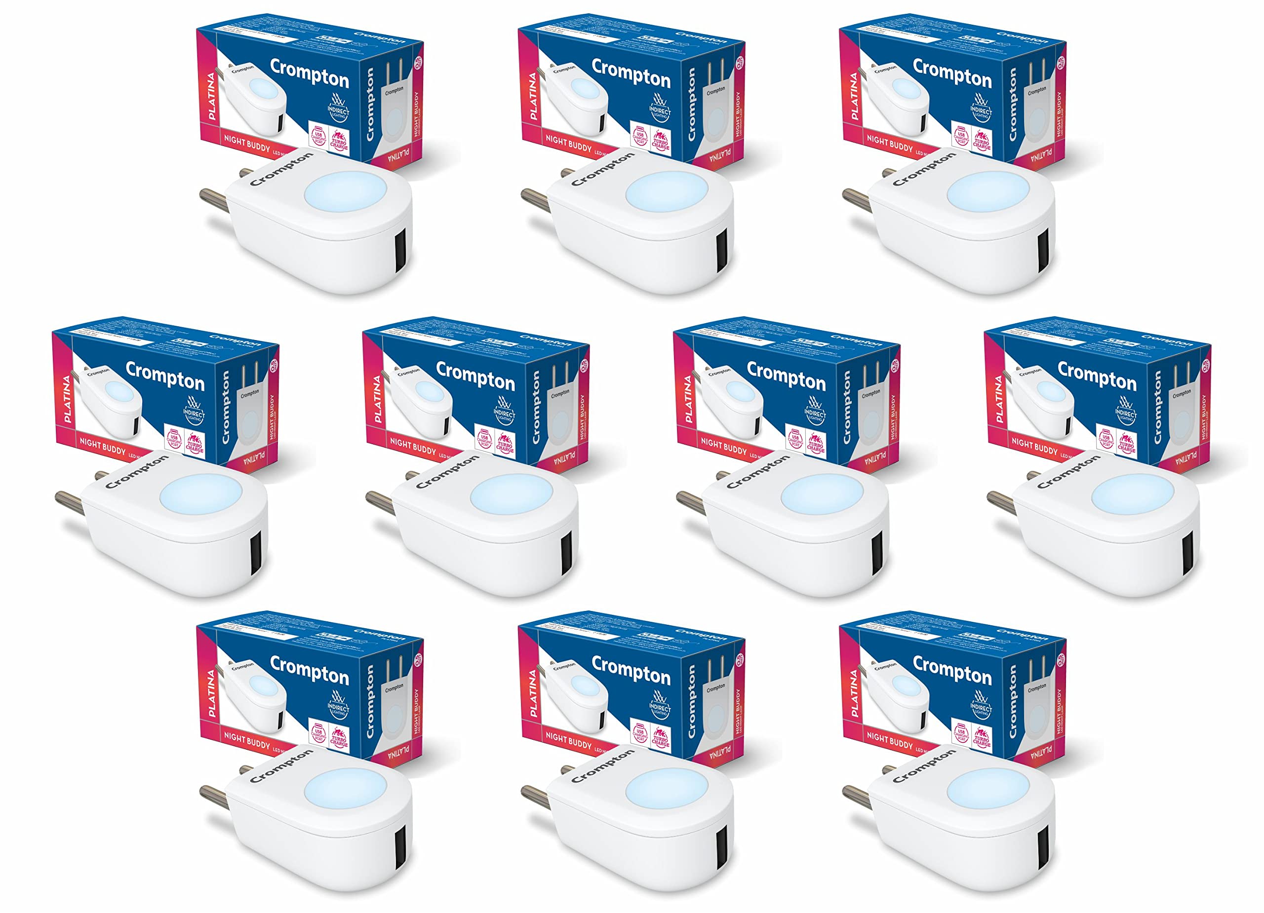 Crompton Night Buddy USB Charger + Lamp | 0.5 W | Cool Day Light | Turbo Charge | Indirect Lighting |Less Power Consuption | Pack of 10